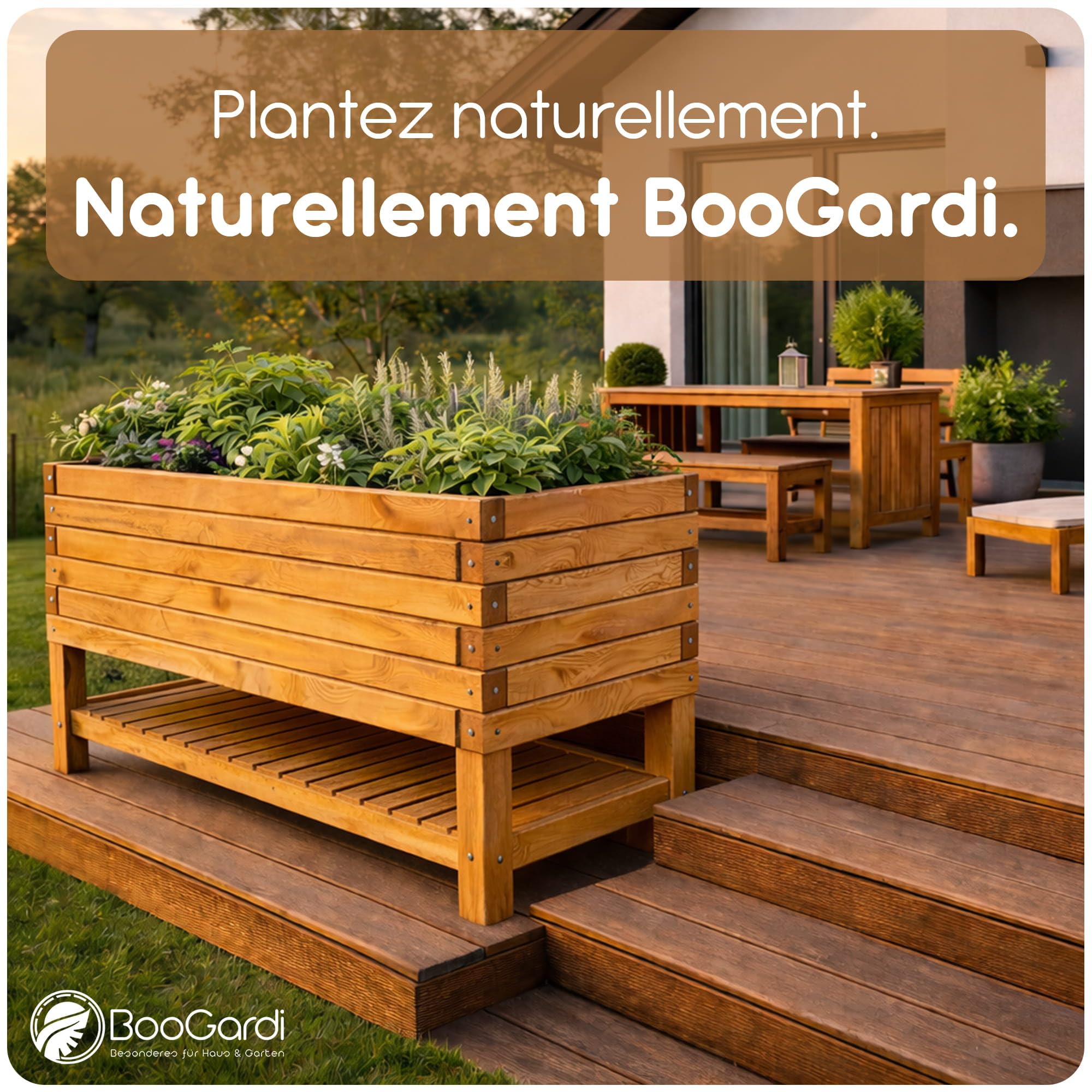 BooGardi Bac à Fleurs rectangulaire Grand Format intérieur/extérieur avec Feutre géotextile, 10 Tailles, Longueur 120 cm, Brun Naturel, jardinière en Bois pour Jardin, Balcon, terrasse, XXL