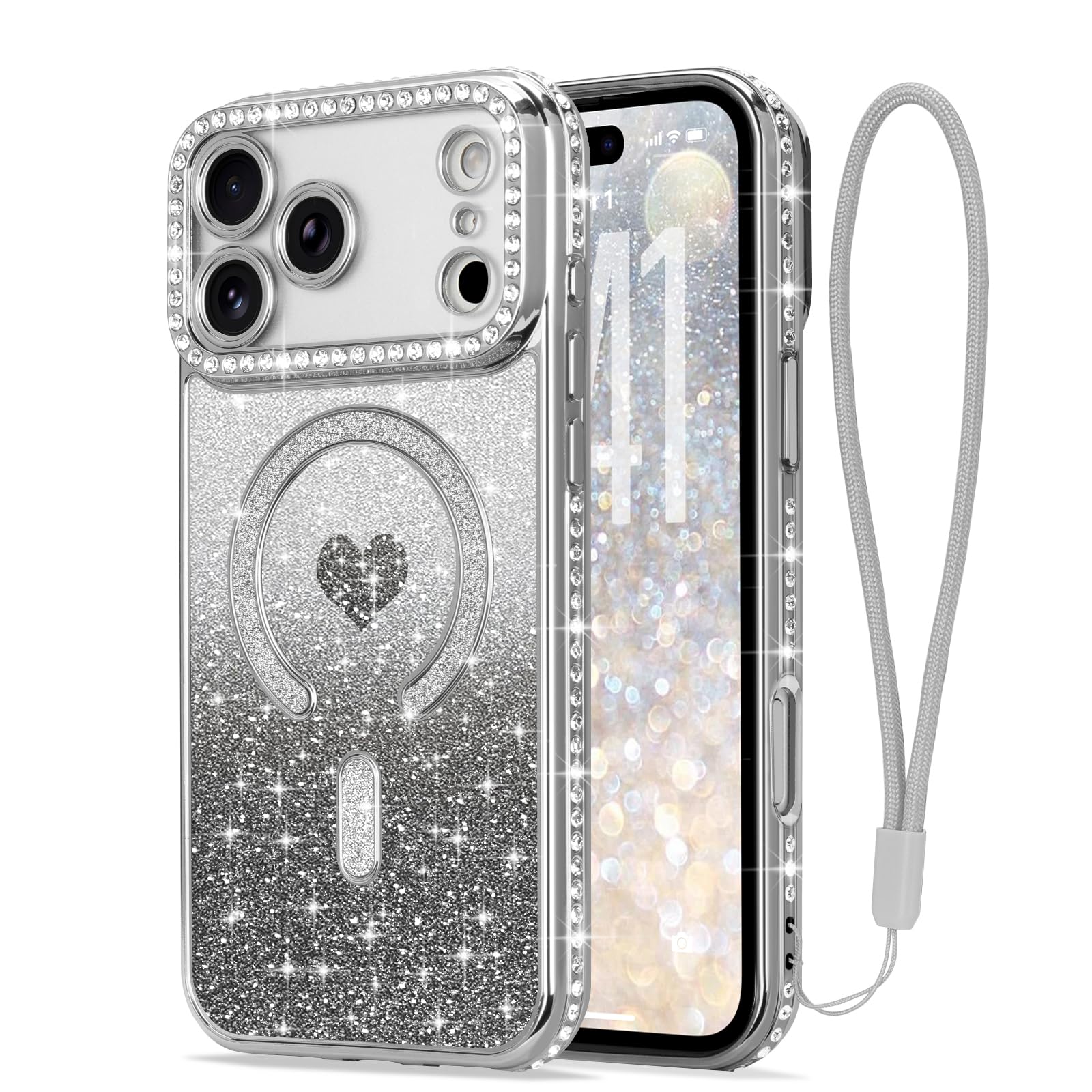 LAPOPNUT iPhone 17 Pro 用 ケース クリア メッキ加工 グリッターカード リストストラップ スマホケース きらきら かわいい おしゃれ 軽量 薄型 衝撃吸収 女性 アイフォン17 Pro対応 カバー(シルバー)