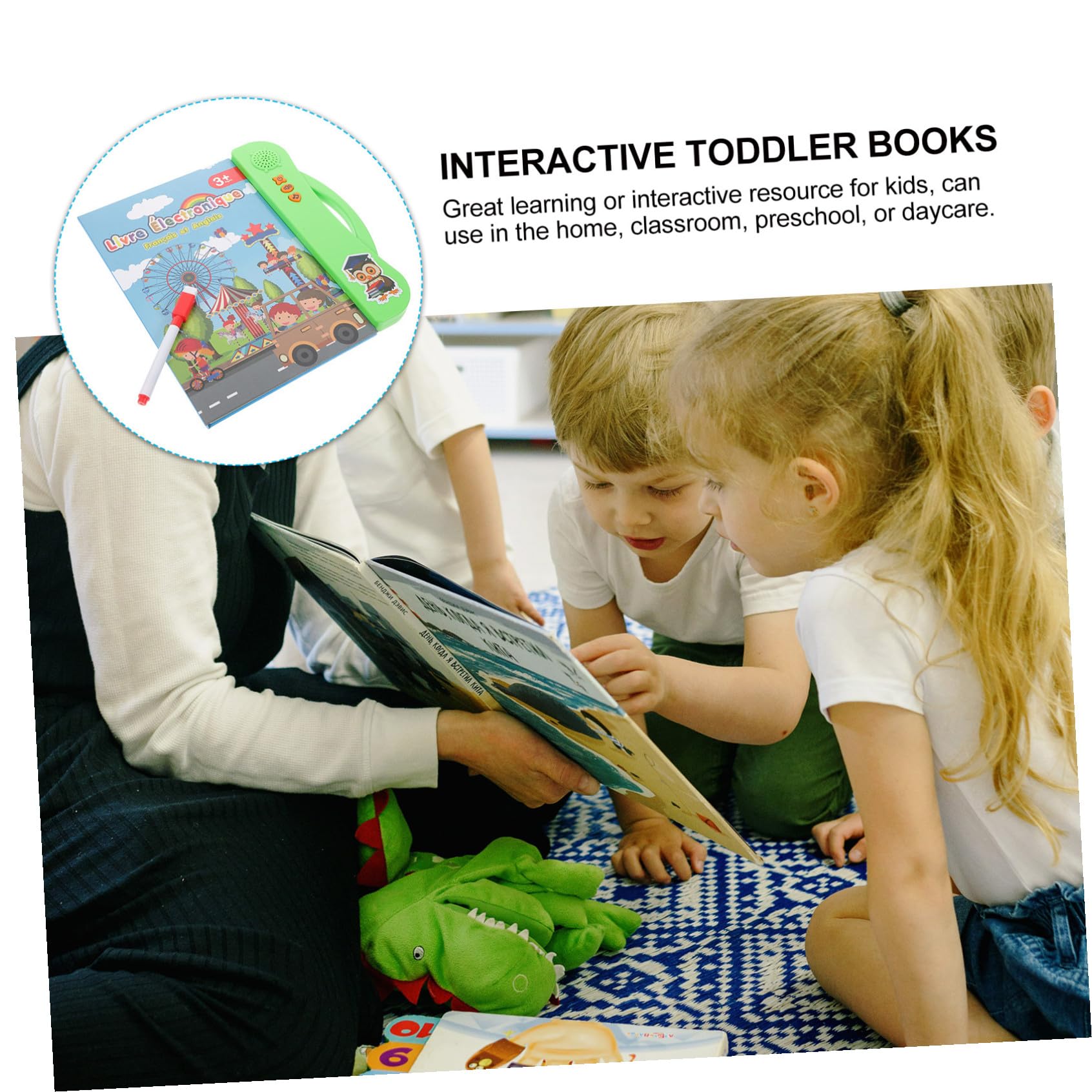 ERINGOGO Libro Electrónico Bilingüe Francés Inglés para Niños Pequeños 3-5 Años, Lectura Interactiva Sonidos, Aprendizaje Preescolar, Juguete Educativo Portátil Verde