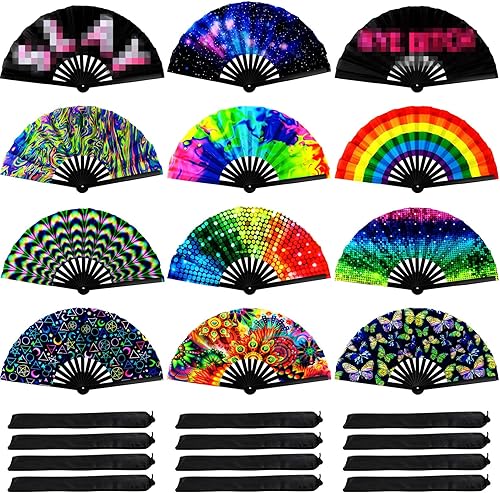 Qunclay Ventilador de mano plegable grande con brillo UV, 12 piezas para hombres y mujeres, ventilador de mano chino japonés Clack con mariposa