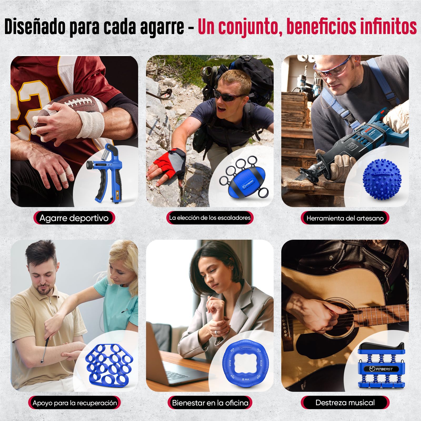 FitBeast Kit de fortalecimiento de agarre de mano, juego de 6 piezas, entrenador de antebrazo para una mayor fuerza de agarre y recuperación