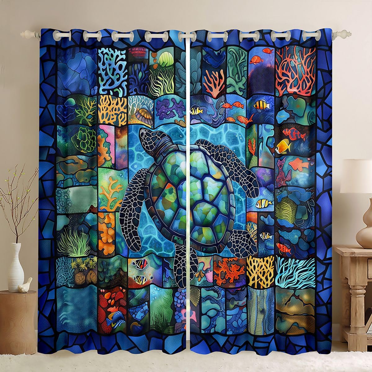 Homemissing Tende con tartaruga marina per camera da letto, soggiorno, oceano, acqua di mare, oscuranti, tonalità di vita marina e mare, tenda oscurante, trattamenti per finestre, 2 pannelli L 66 x 90