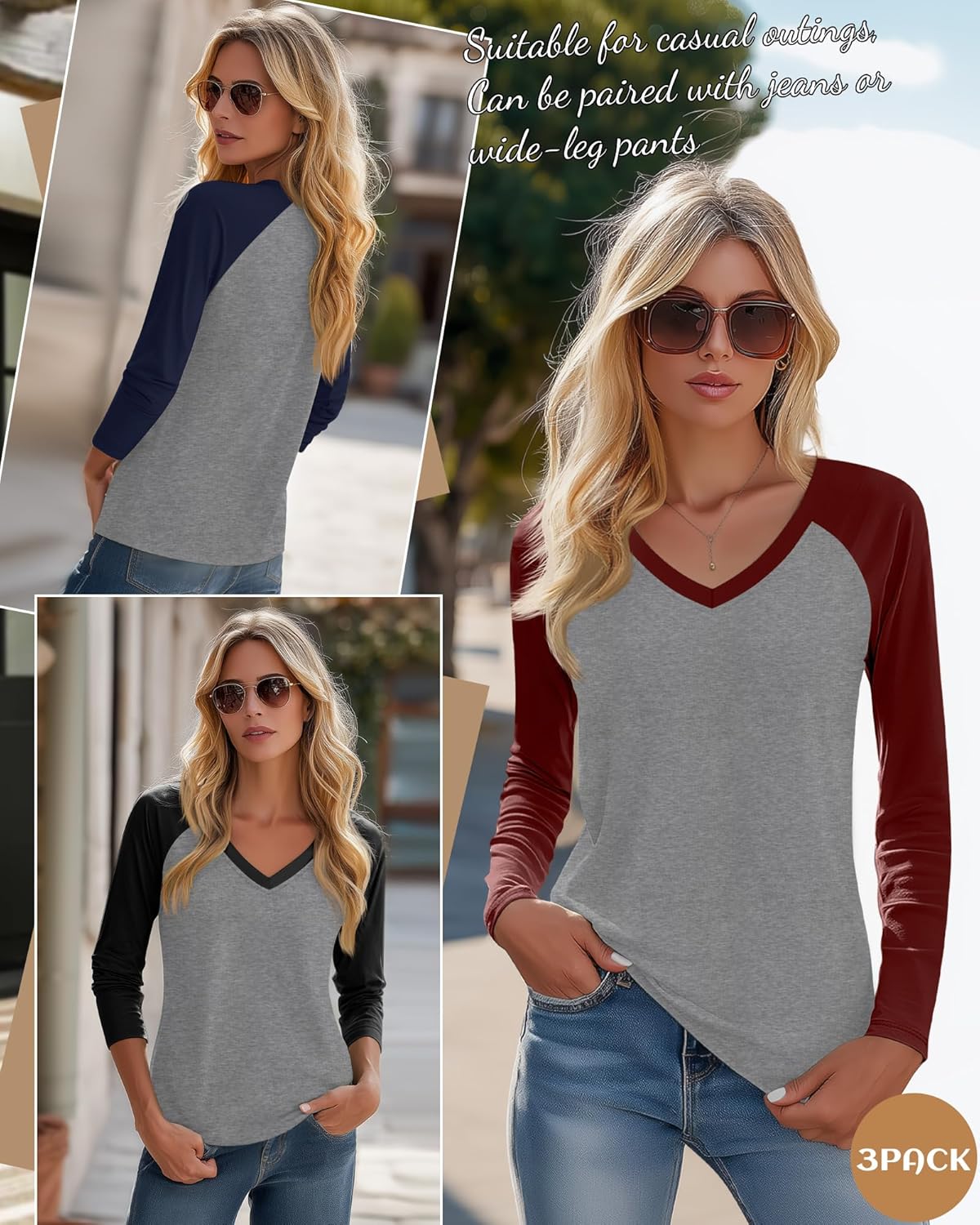 3 Pack Women's V Neck Long Sleeve Shirts, Raglan Color Block Tees Baseball Style Loose Casual Tops - Image 4