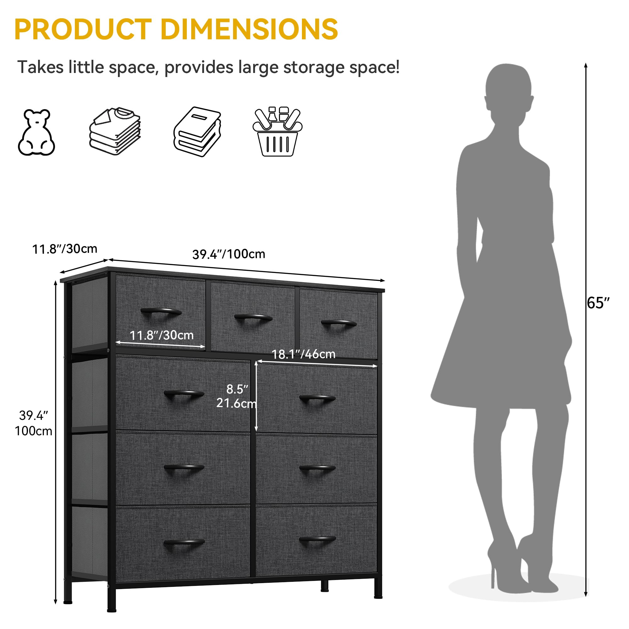 Amazon.com: DWVO 9 Drawers Dresser for Bedroom, Fabric Storage