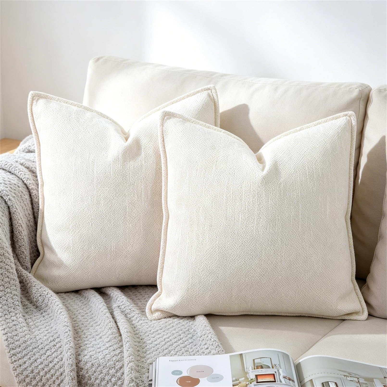 OYIMUA Soft Textured Decorative Throw Pillow Covers 16x16 Neutral Beige Chenille Square Accent Solid Cushion Cover Cozy Farmhouse Pillow Cases for Couch Sofa Bedroom Living Room
