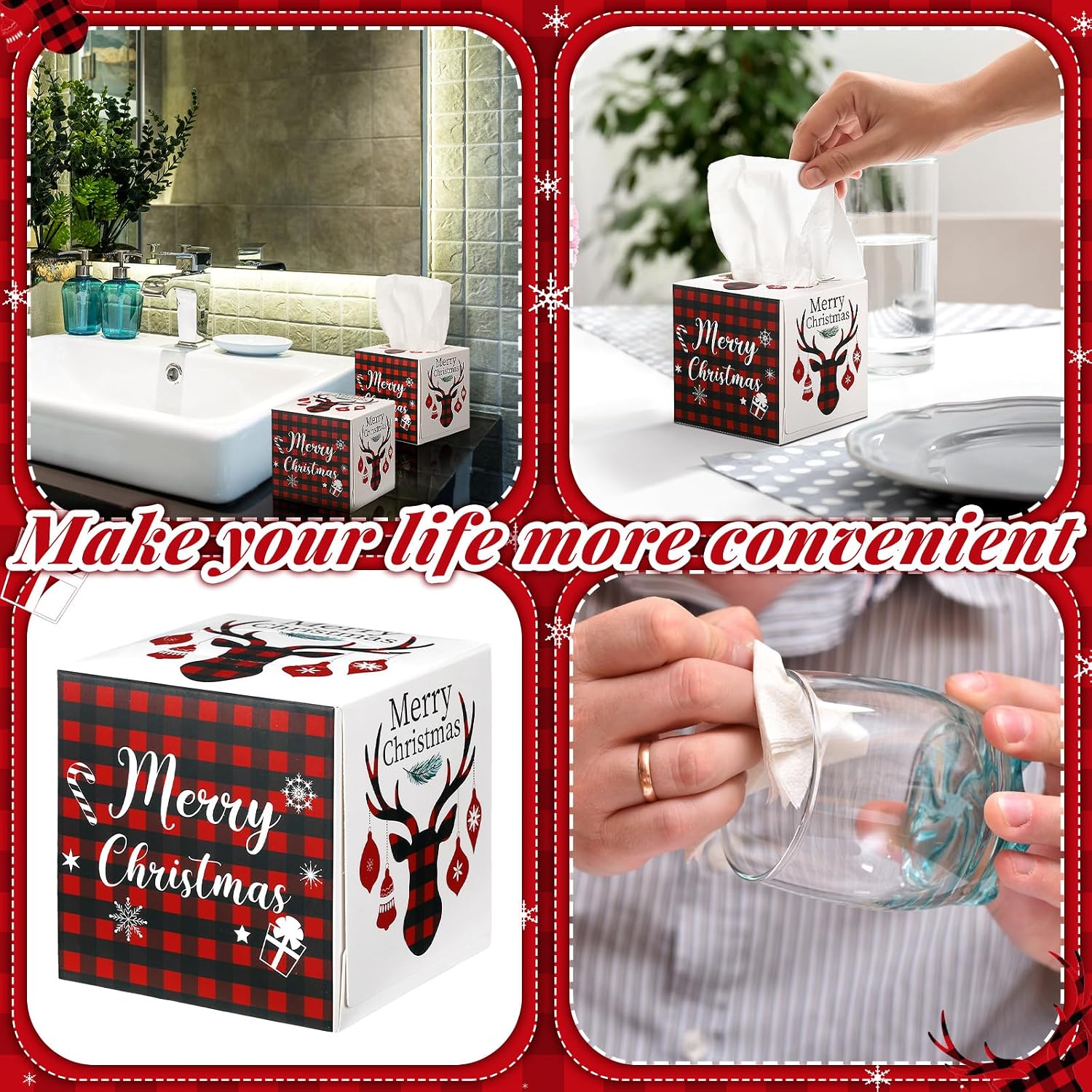 Bencailor 12 Pack Christmas Facial Tissues Cube Boxes 600 Sheets 3 Ply Small Black and Red Buffalo Plaid Square Tissues Bulk for Xmas Winter Home Car Bedroom Party Supplies