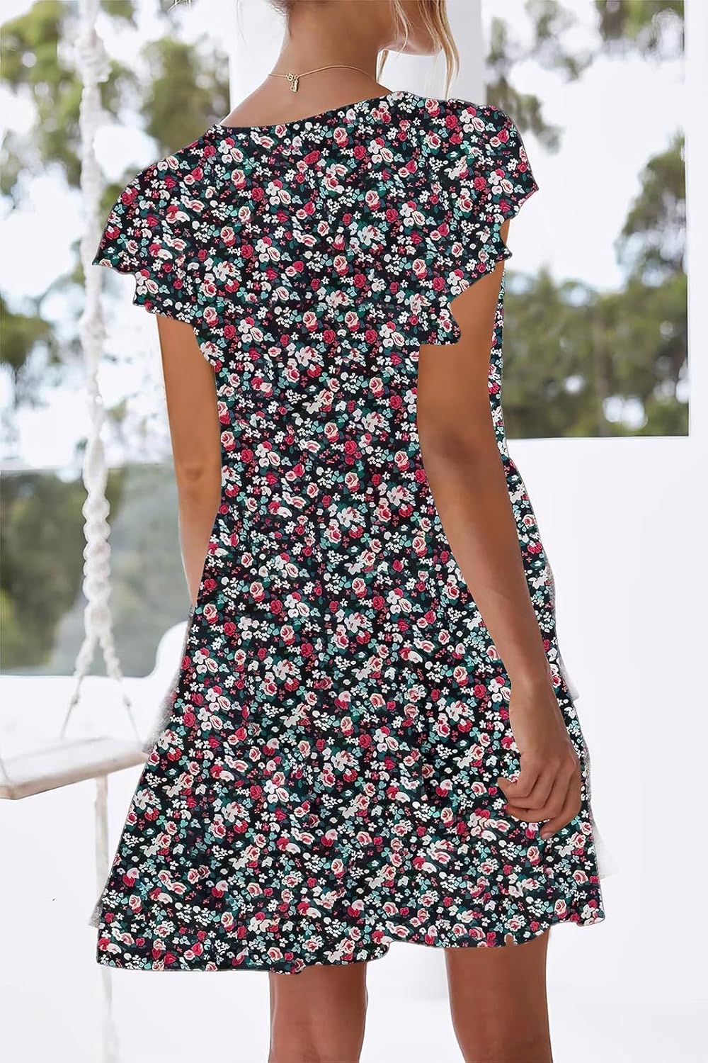 nclook Womens Summer Casual Dresses Sweet Cute V Neck Mini Dress with Pockets Ruffle Short Sleeve - Image 4