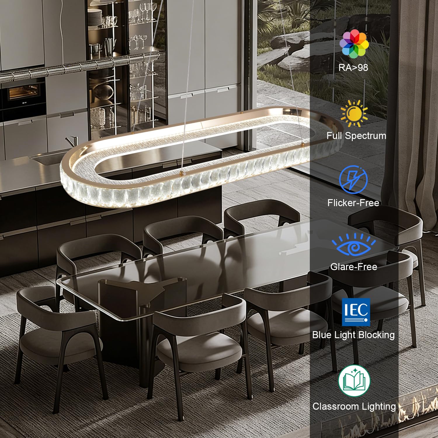 Lampadario Moderno a Sospensione ovale a LED Color oro con Illuminazione Lineare a LED per Sala da Pranzo, Lampadario Dimmerabile per Isola Cucina con Telecomando per Soggiorno e Ufficio