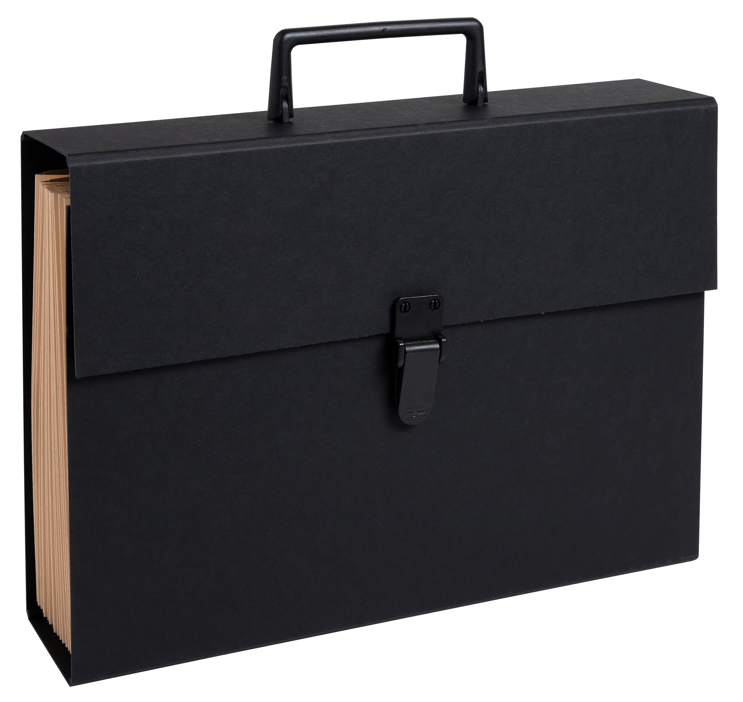 Exacompta - Ref. 58421E – Caja de 4 clasificadores, maleta con asa económica – cubierta acolchada de papel – cierre con botón pulsador – 20 compartimentos – dim 38,5 x 25 x 12 cm – color negro