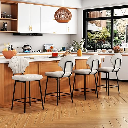 Juego de 4 taburetes de bar, sillas de isla con patas de metal y reposapiés, taburetes de bar altura de mostrador con respaldo en forma de vieira,