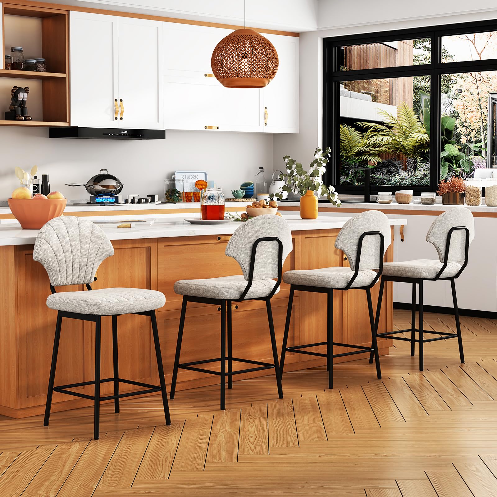 Nelbolire Bar Stools Set of 4, Island Chairs with Metal Legs and Footrest, Counter Height BarStools with Scallop Shaped Backrest, Modern Barstool for