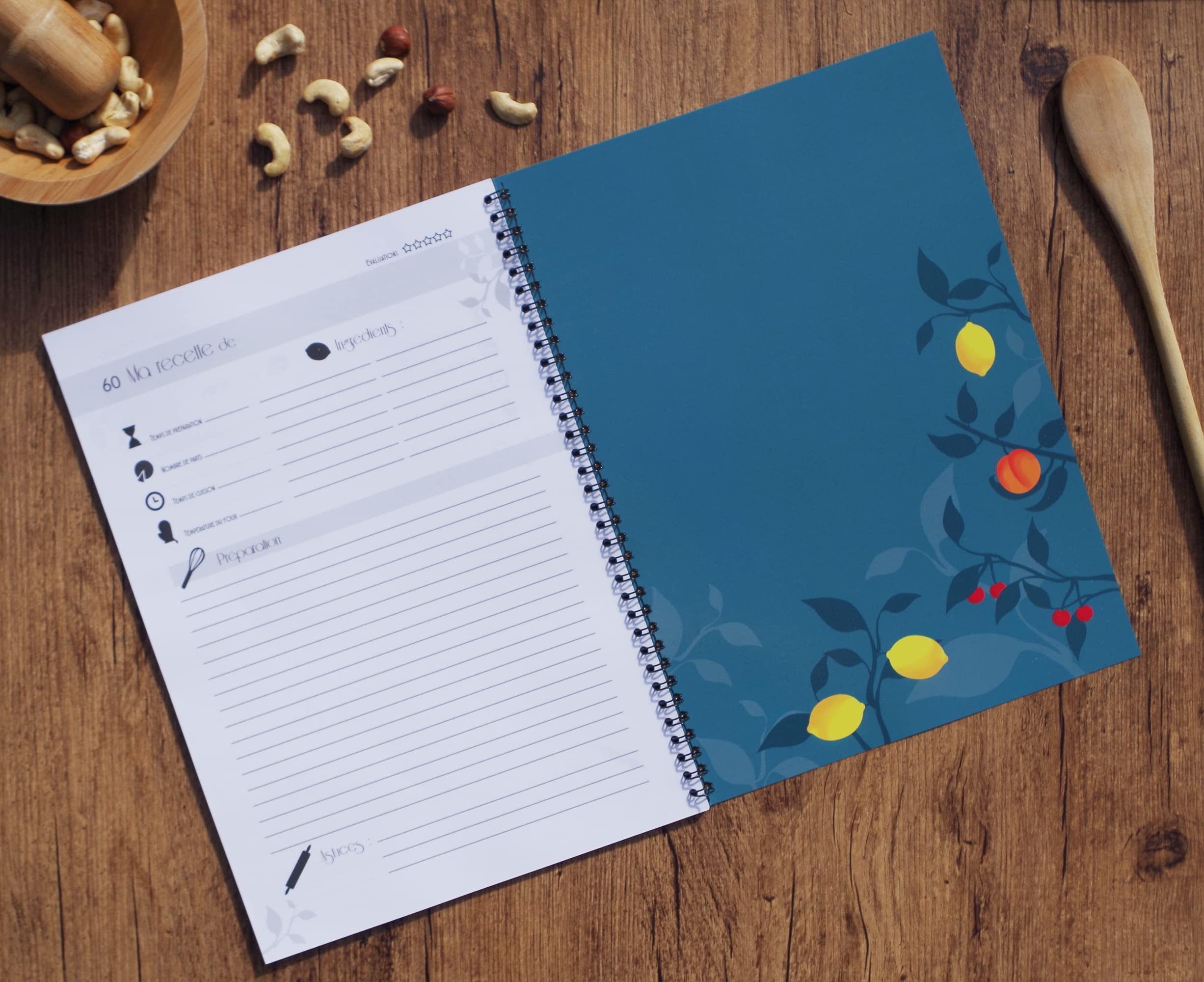Cahier de Recettes Salées et Sucrées A4 Spirale, 60 Fiches Vierges