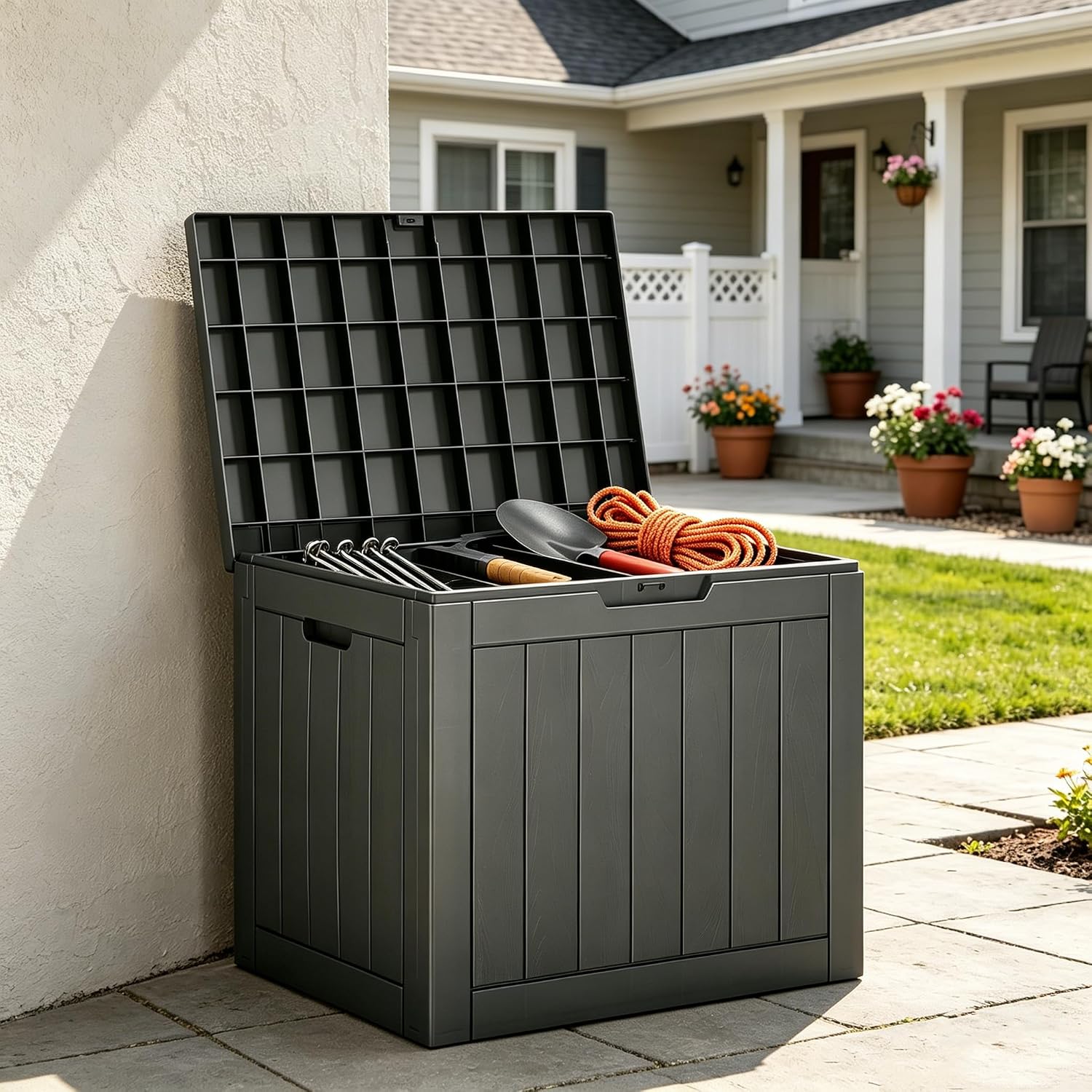 Deck Box 31 Gallon, Black Resin Outdoor Storage Bin for Garden Tools and Patio Accessories, All-Weather