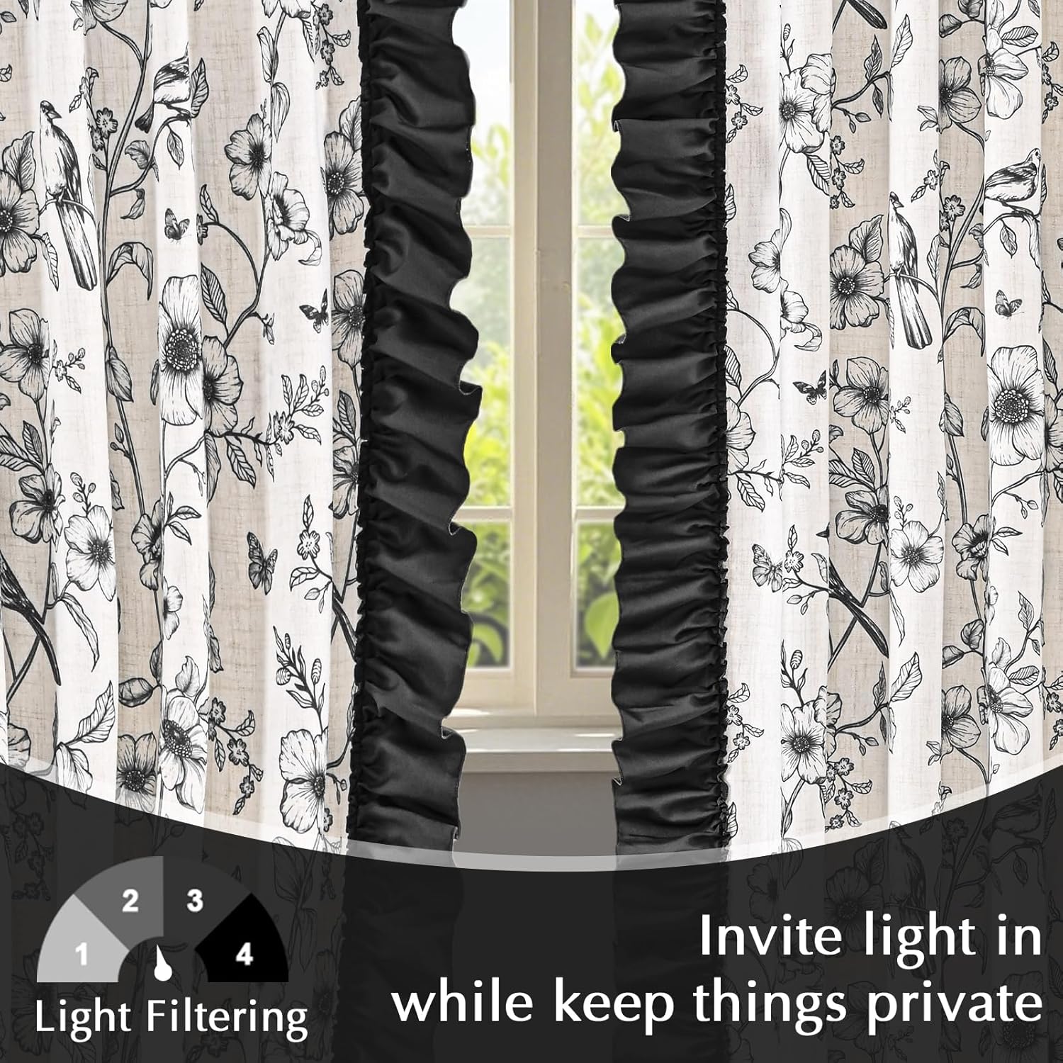 Yinhua Floral Curtains for Living Room 63 Inch French Country Linen Bedroom Curtains with Ruffle Tieback, Light Filtering Flower Patterned Window Curtain Rod Pocket Back Tab Drapes, 2 Panels, Black