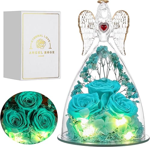 Tiaronics Figuras de ángel grandes con rosas reales, rosa real preservada para ella, rosas de ángel regalos para ella, mamá, novia, rosa intenso