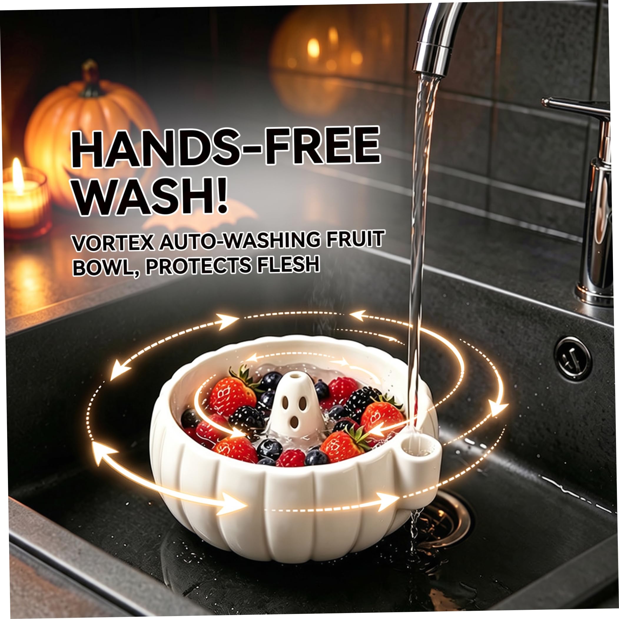 Cuenco de Halloween, cuenco giratorio de plástico para lavadora de frutas fantasma, blanco