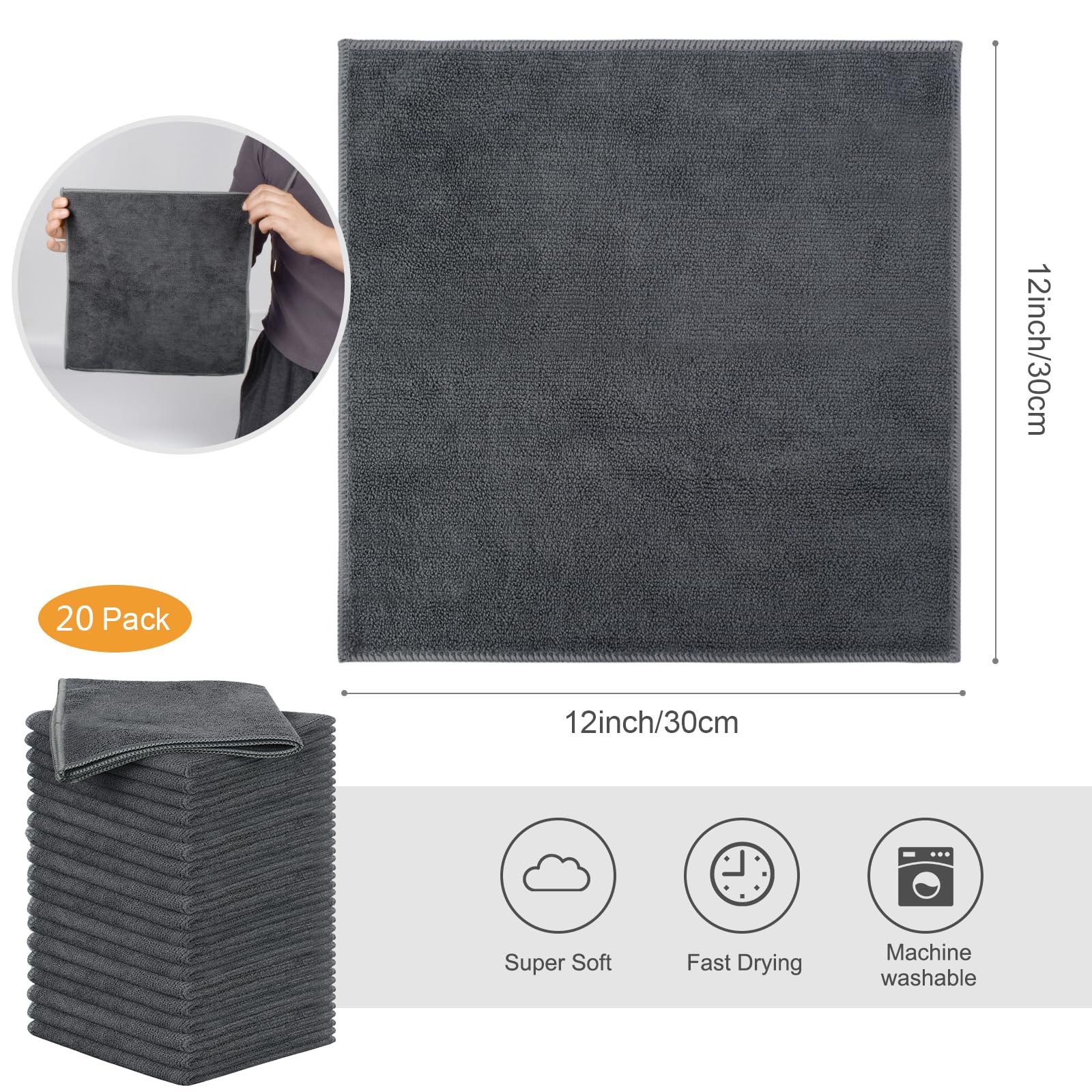 SINLAND Microfiber Rag Absorbent Cleaning Cloth Kitchen Dish Cloth Quick Dry Streak Free Dish Rags Glass Cloths 12inchx12inch 20 Pack Grey