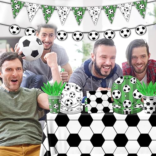 Miniatura 4 de Juego de vajilla para fiesta de fútbol, 142 platos de fútbol y servilletas, suministros para fiesta, incluye pancarta, platos, vasos, servilletas,