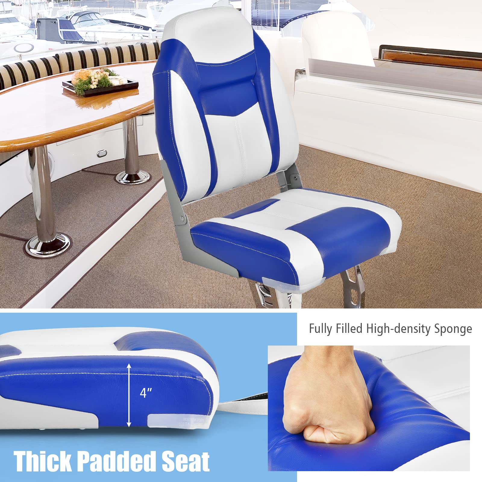 GOPLUS Asiento de Barco, Asiento de Pesca Plegable con Cojín Acolchado Suave y Costuras Reforzadas, Diseño Ergonómico, 115KG de Capacidad para Pesca en Yate (Azul)