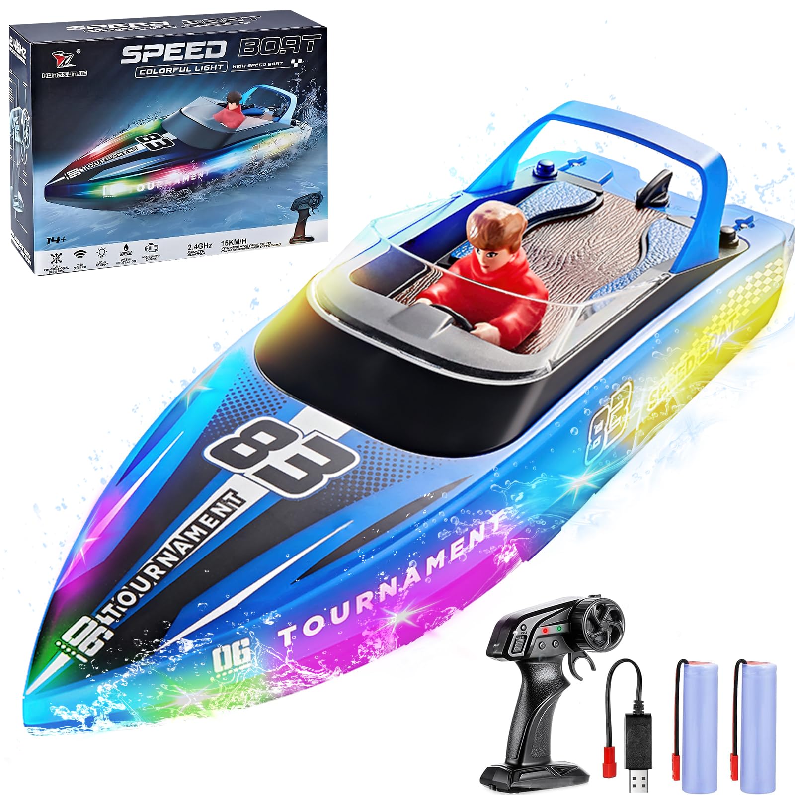 Barco teledirigido con luces LED, 2,4 GHz alta velocidad, lancha de control remoto de alta velocidad y baja, 120 min de resistencia, piscina, lago/estanque juguete