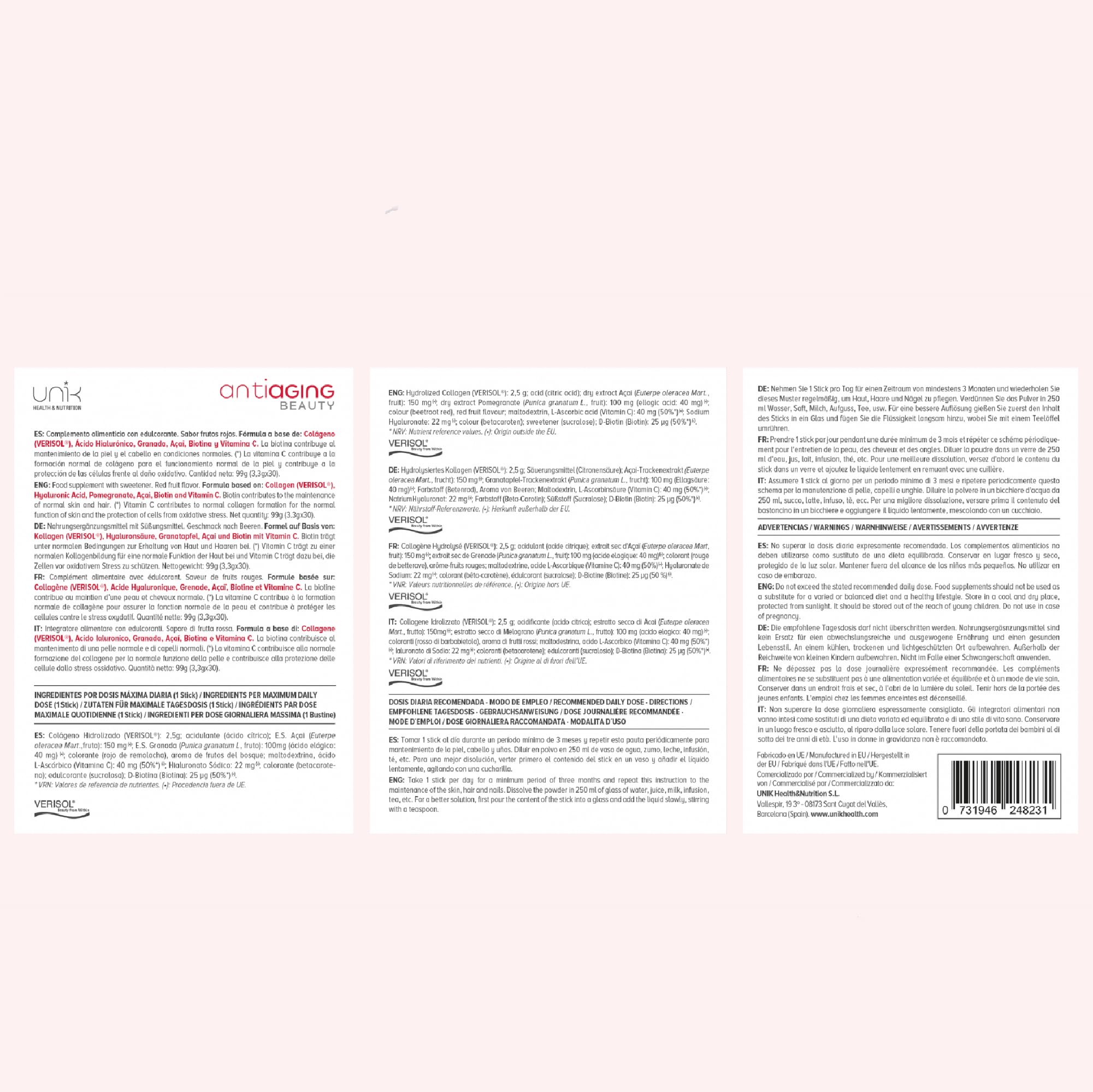 Colágeno Verisol con Ácido Hialurónico + Biotina + Granada y Açai 30 Sticks Antiaging Beauty Sabor Frutos Rojos Suplemento Natural para Piel Firme Sin Arrugas Cabello Saludable y Uñas Fuertes (1)