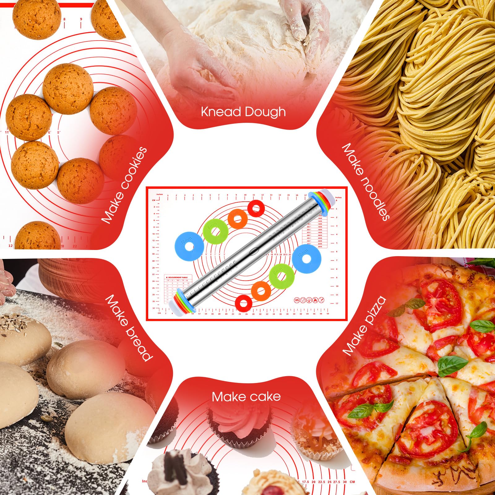 Dandat Lot de 9 tapis de cuisson en silicone avec mesures - Rouleau à pâtisserie en silicone avec anneaux d'épaisseur - Grattoir à pâte rond en acier inoxydable - Emporte-pièce pour tarte, biscuits,
