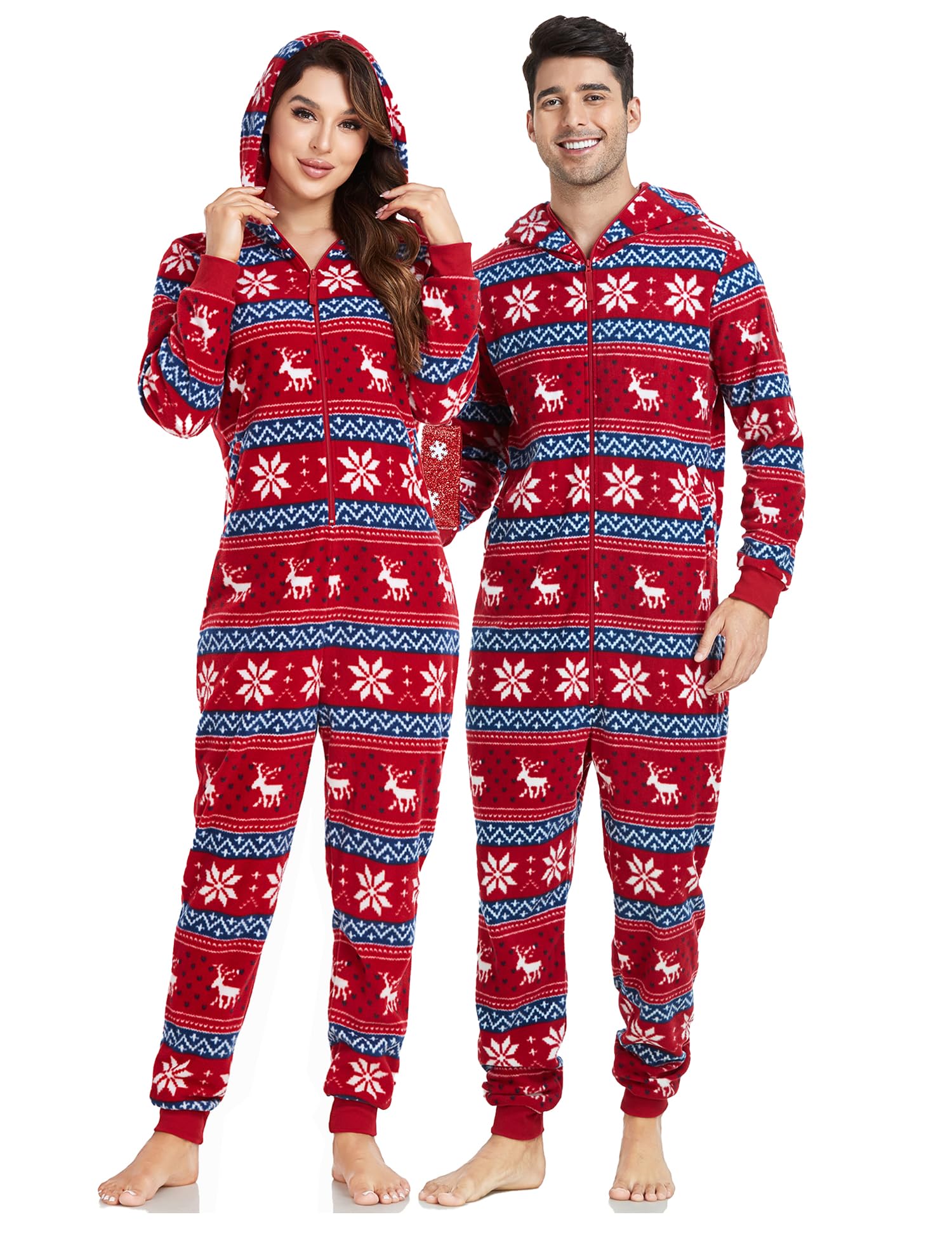 COLORFULLEAF Matching Couple Fleece Onesies with Hood - Plaid Christmas Pajama Set Warm Zipper Jumpsuit Pjs for Women