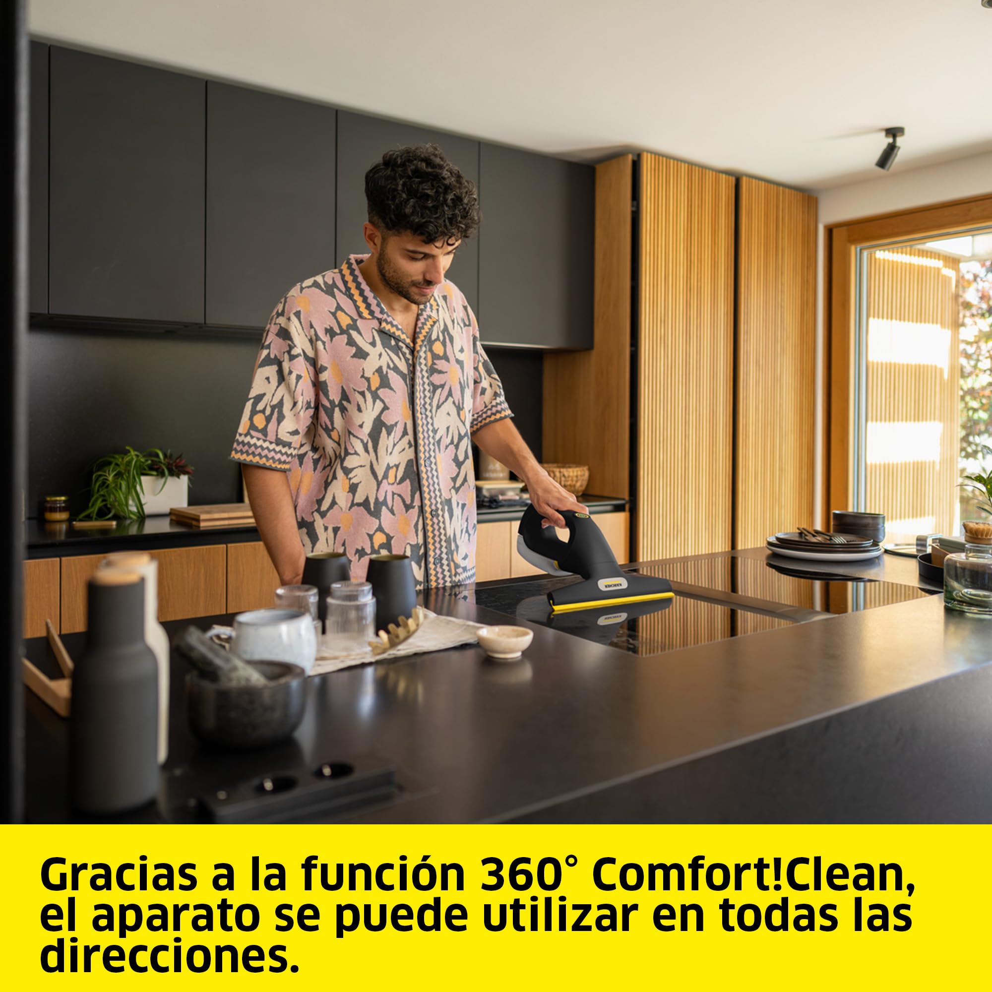 KÄRCHER limpiadora de cristales con batería WV 3 Comfort Precision+ Black, autonomía: 35 min, depósito XXL: 200 ml, 2 boquillas, botella pulverizadora, gancho para ducha, limpiacristales (500 ml)
