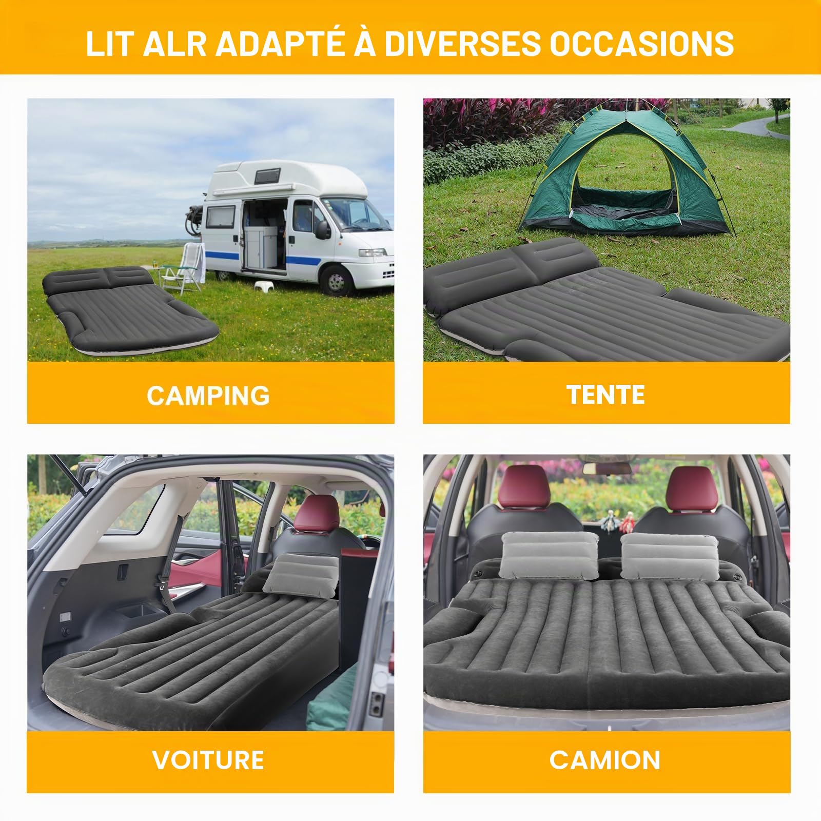 KMZ Matelas gonflable pour SUV épais et double face floqué avec 2 oreillers et pompe électrique Coussin mobile dédié pour coffre de SUV et siège arrière (gris foncé)