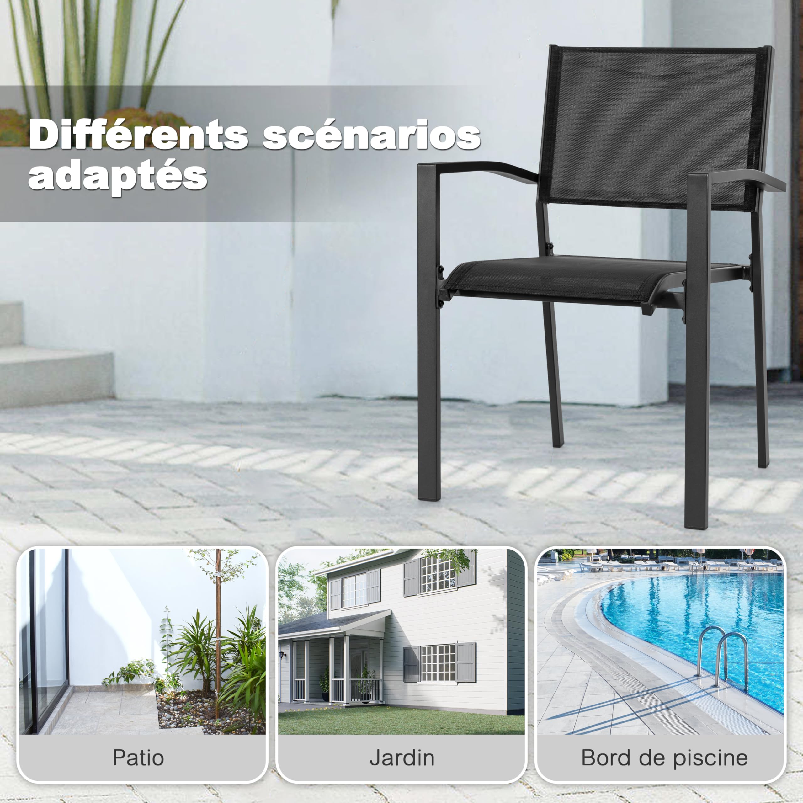 Avestar Ensemble de 2 Chaises de Jardin Extérieur en Textilène Respirant, Fauteuil, Chaises de Table de Jardin, Chaise Empilable pour Toutes Les Conditions Météorologiques, Noir