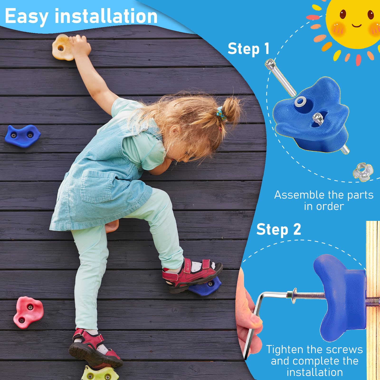 Hyran Pierres d'escalade pour Enfants, Prises Escalade Enfant, 12 Pcs Prises d'escalade, pour Tour de Jeu et Mur d'escalade, avec Vis de Fixation, Capacité de Charge Jusqu'à 80 Kg
