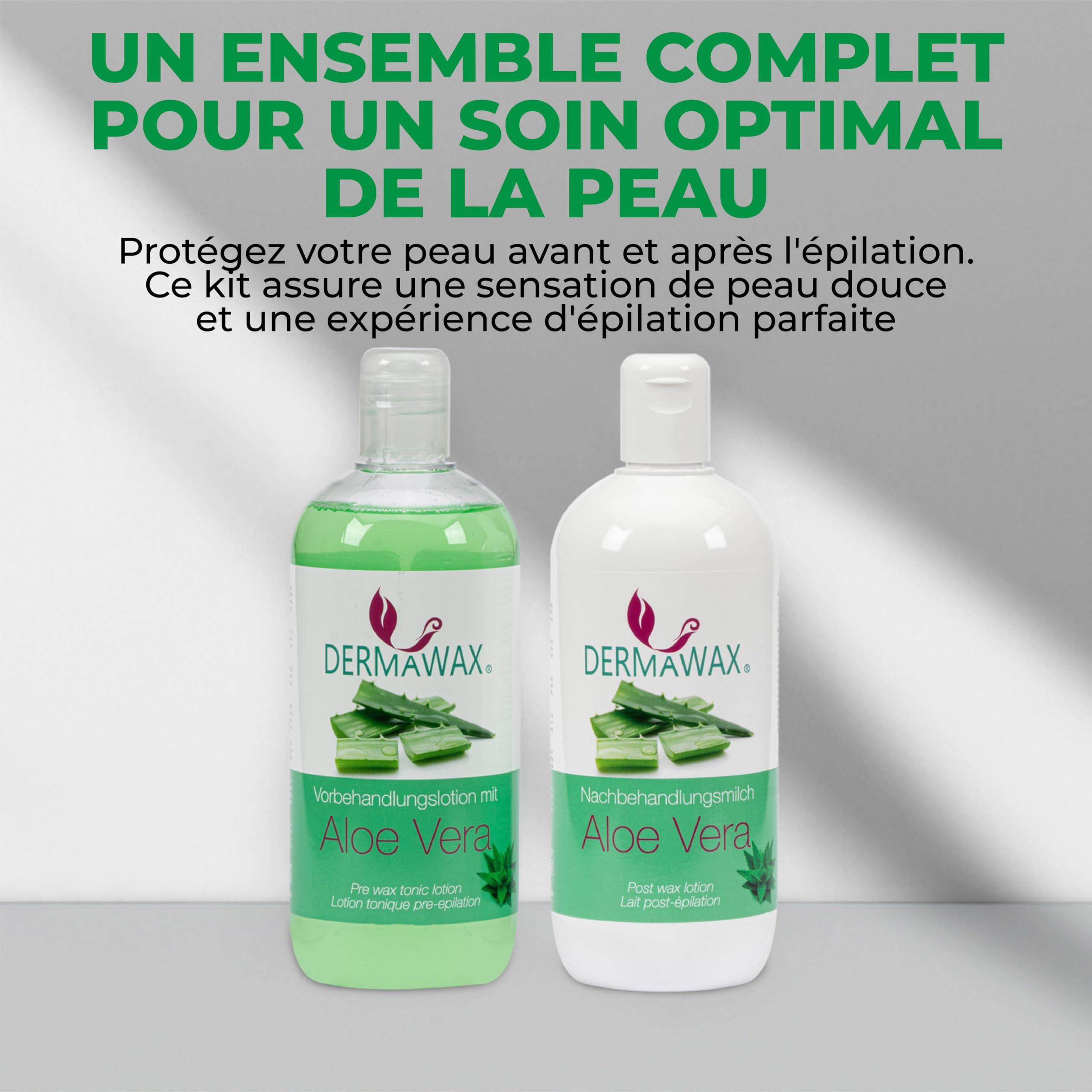 Dermawax Kit Pré & Post Épilation 2x500 ml – Lotion Tonique Aloe Vera Avant Cire Chaude, Perles de Cire ou Sugaring + Lait Après-Épilation Aloe Vera – Soin Homme & Femme – Made in Italy