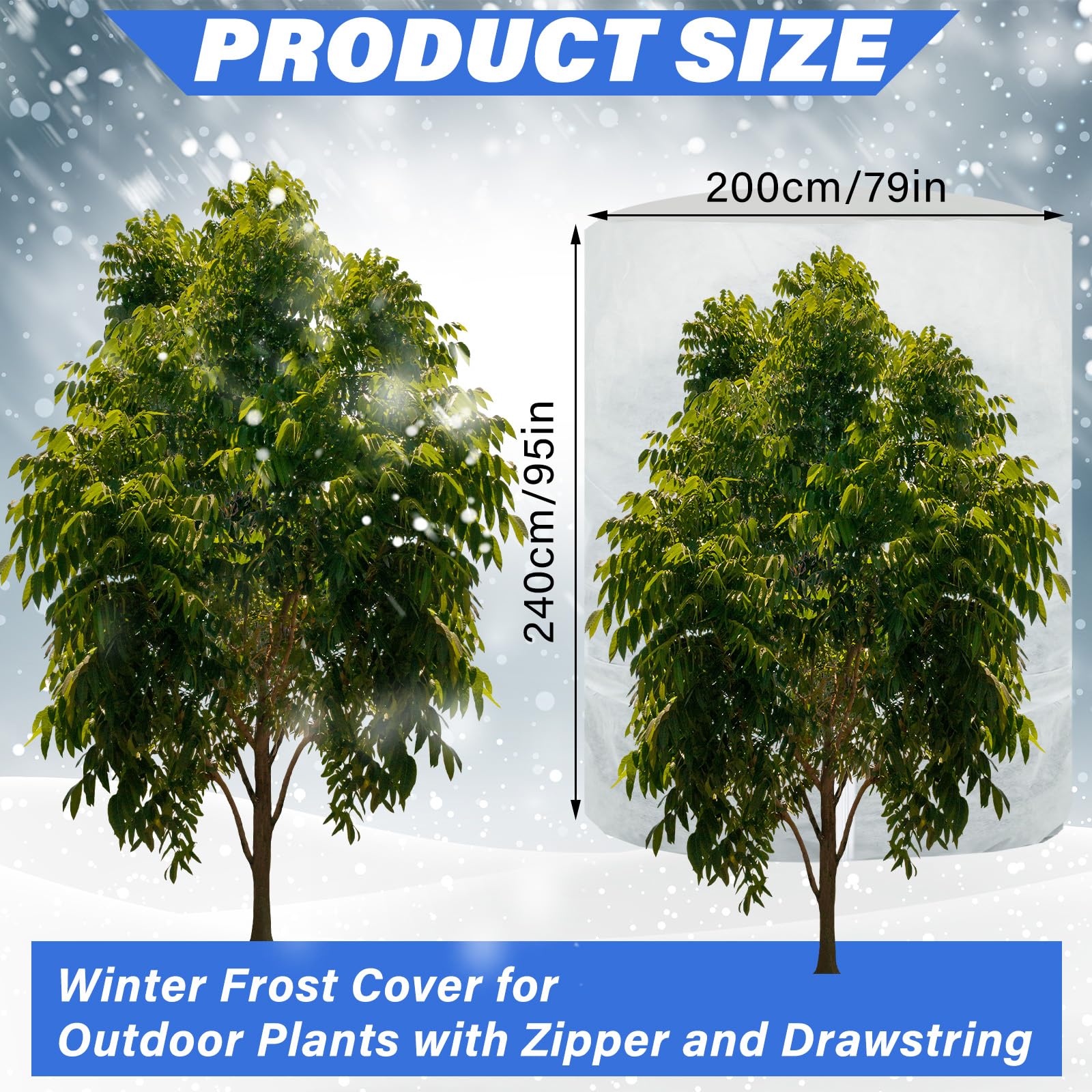 WILLBOND 2 coperture invernali per piante da 200 x 239 cm, sacchetti protettivi antigelo, panni cilindrici per gelo, arbusti e gelo, con cerniera, coulisse, per piante da esterno, giardino, alberi in