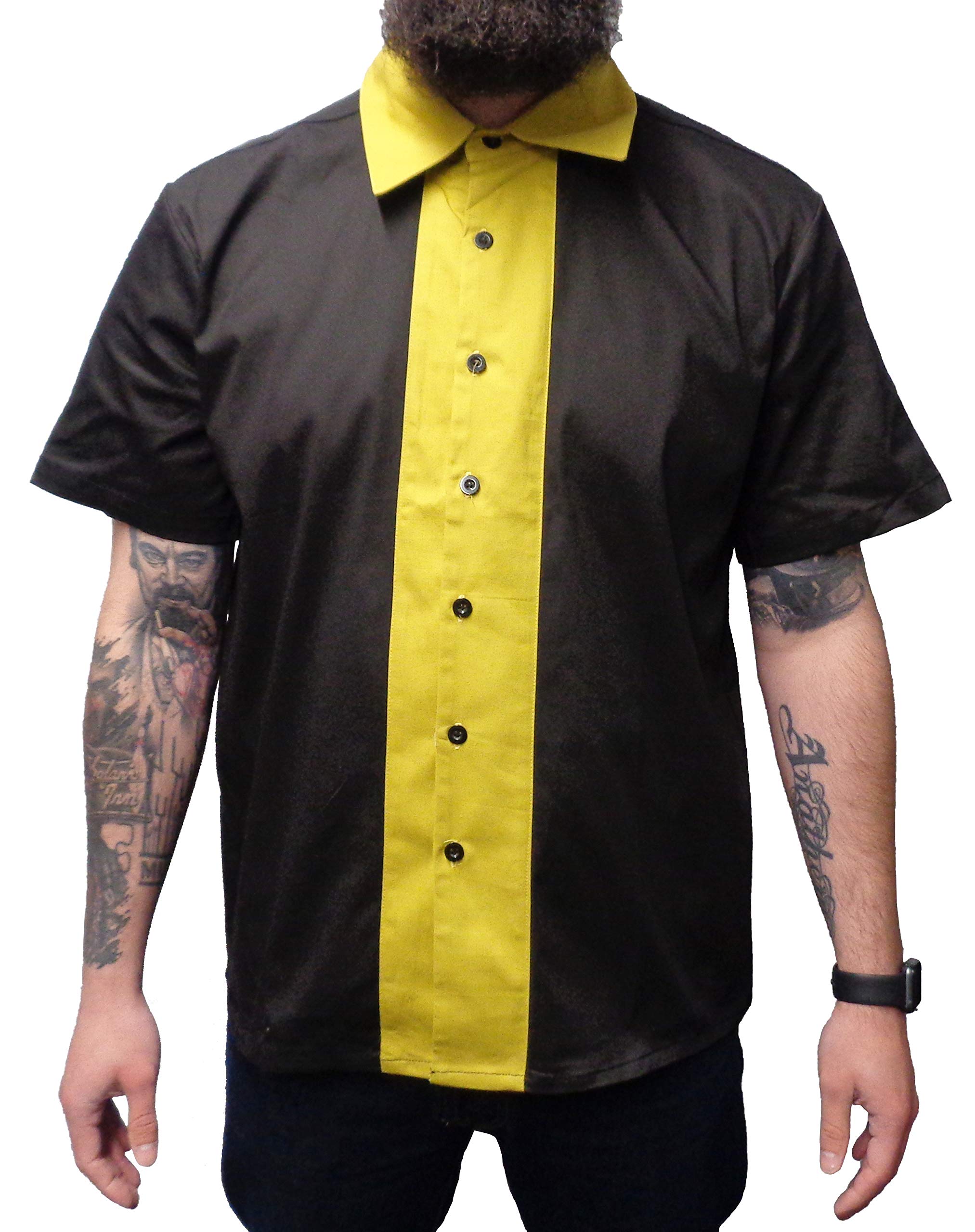 Mazeys Retro Rockabilly Bowling Shirts (Large, Black n Mustard)