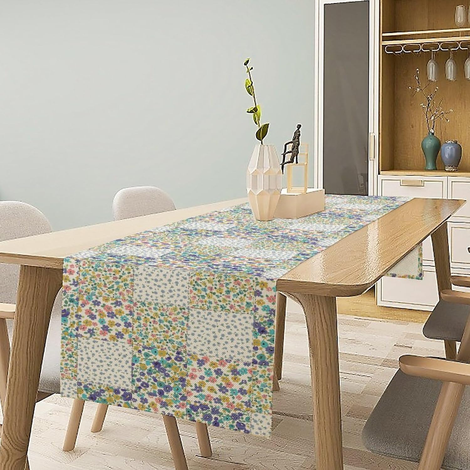Boho Floral Patchwork Table Runner, Retro Rustic Flowers Country Garden Floral Paisley Bohemian Farmhouse Blue Pattern for Home Kitchen Table Decor Dining Coffee Room Party Decor 13x108in