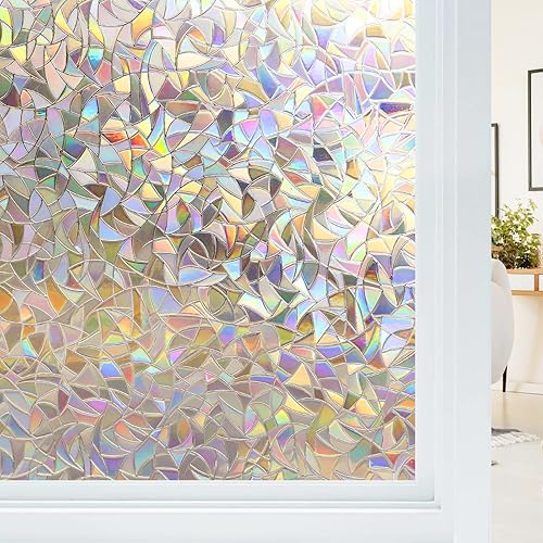 Haton - Película decorativa para ventana con adhesión estática, diseño arco iris 3D, vinilo para ventana sin adhesivo, extraíble, con bloqueo UV y