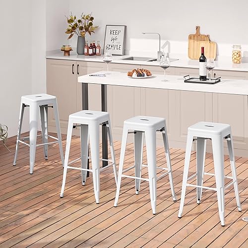 Miniatura 9 de Yaheetech Juego de 4 taburetes de bar de metal de 30 pulgadas, herramientas de barra sin espalda, sillas de bar apilables industriales con