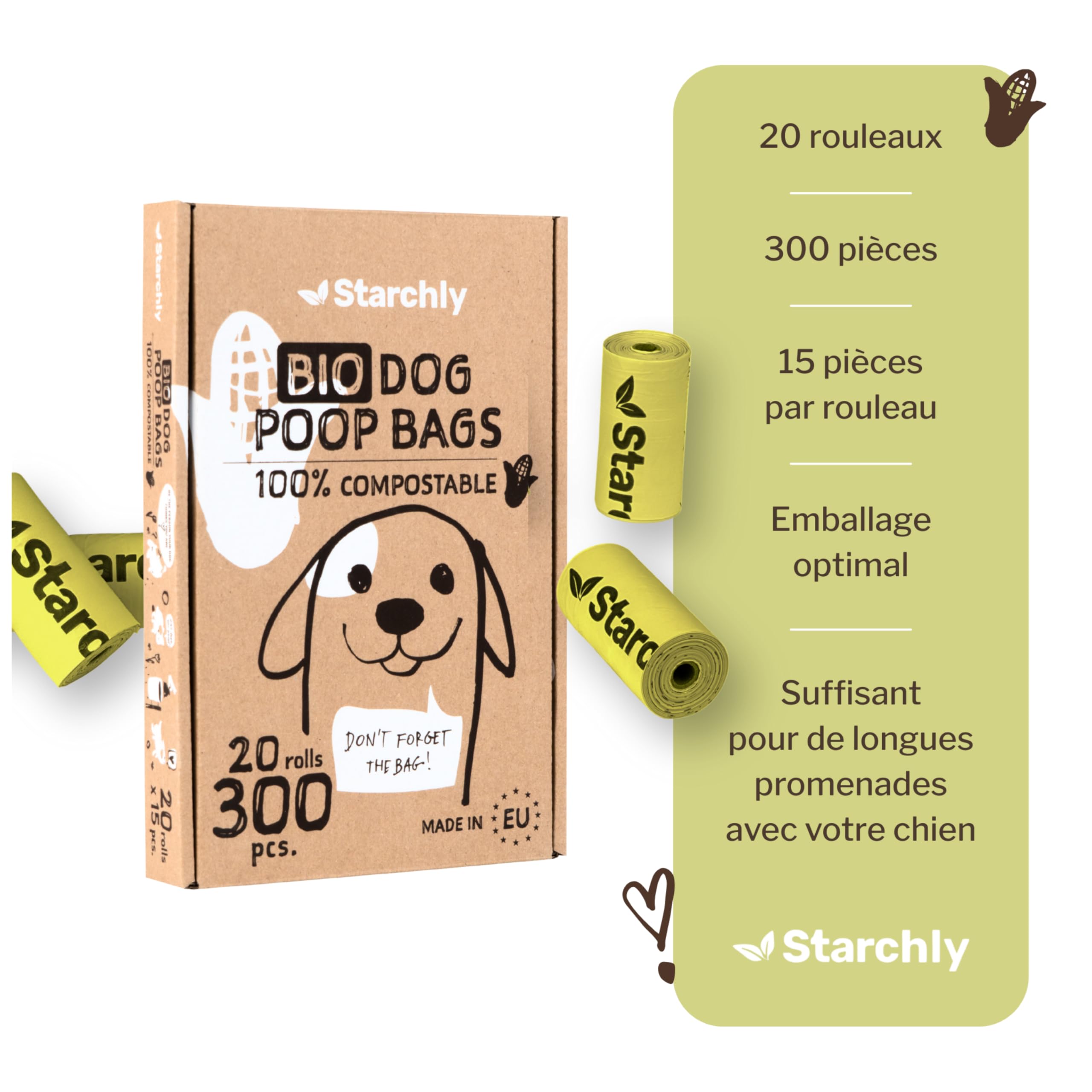 300 Sacs à crottes pour chiens - 20 rouleaux de Sacs pour déchets canins - bio et compostables en amidon de maïs - 15 par rouleau - Résistants à la déchirure, étanches, verts - MADE IN EU