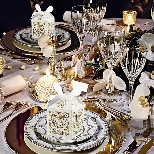 Miniatura 9 de COTOPHER Cajas cortadas con láser, 60 unidades, cajas de regalo de agradecimiento, cajas de regalo de boda, cajas de dulces de encaje para bodas,