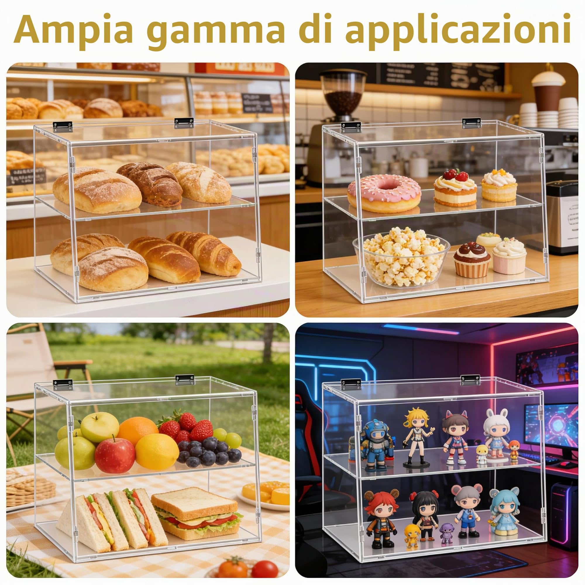 Vetrina a 2 ripiani per panetteria con sportello posteriore di sollevamento, vetrina per pasticceria, piano di lavoro da cucina, vetrina per alimenti in acrilico trasparente, mantiene freschi
