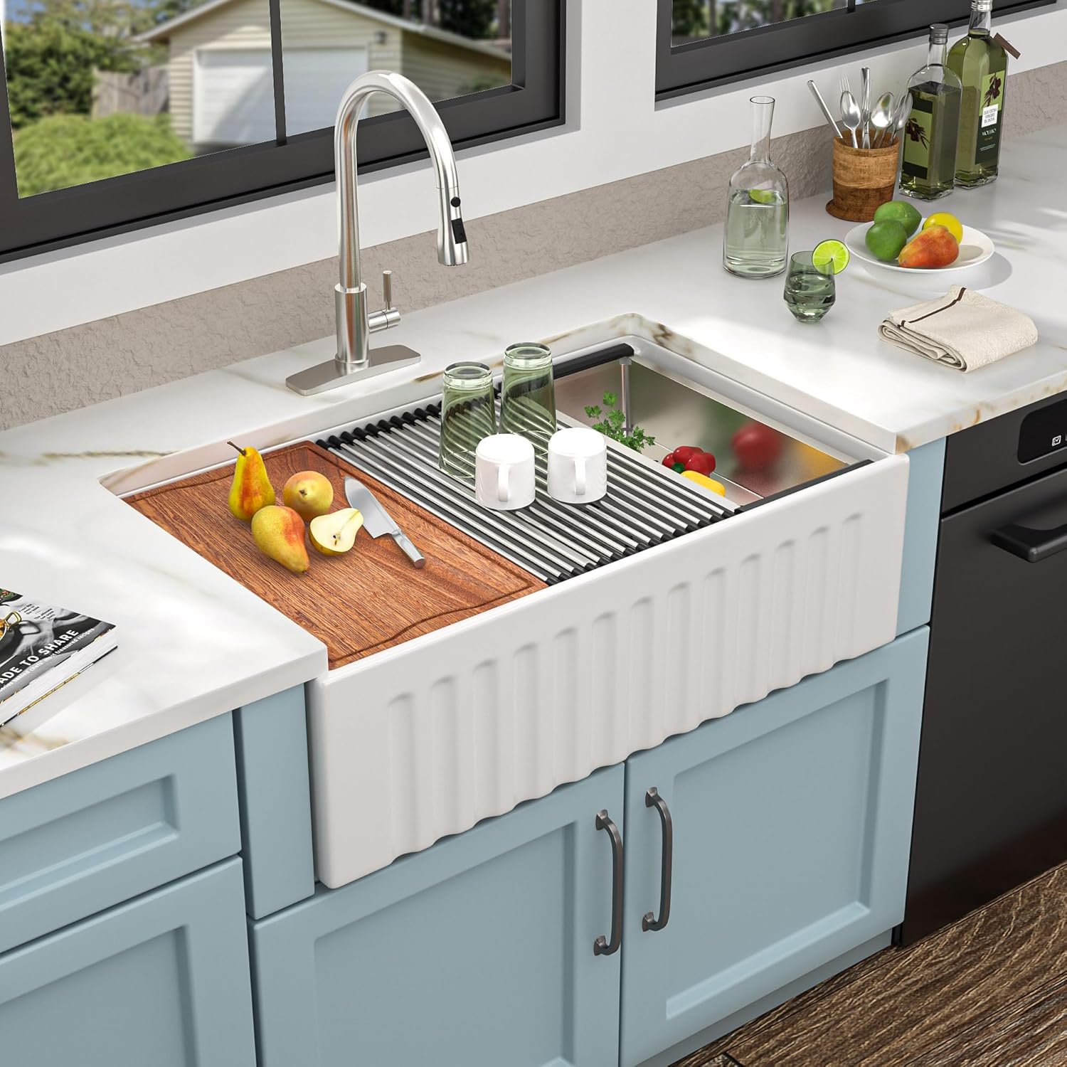 33"x20" White Farmhouse Sink Double Bowl – Reversible Apron Front Workstation with Slide Ledge, High-Gloss Fireclay Porcelain Ceramic Farm Kitchen Sink, 50/50 Basin