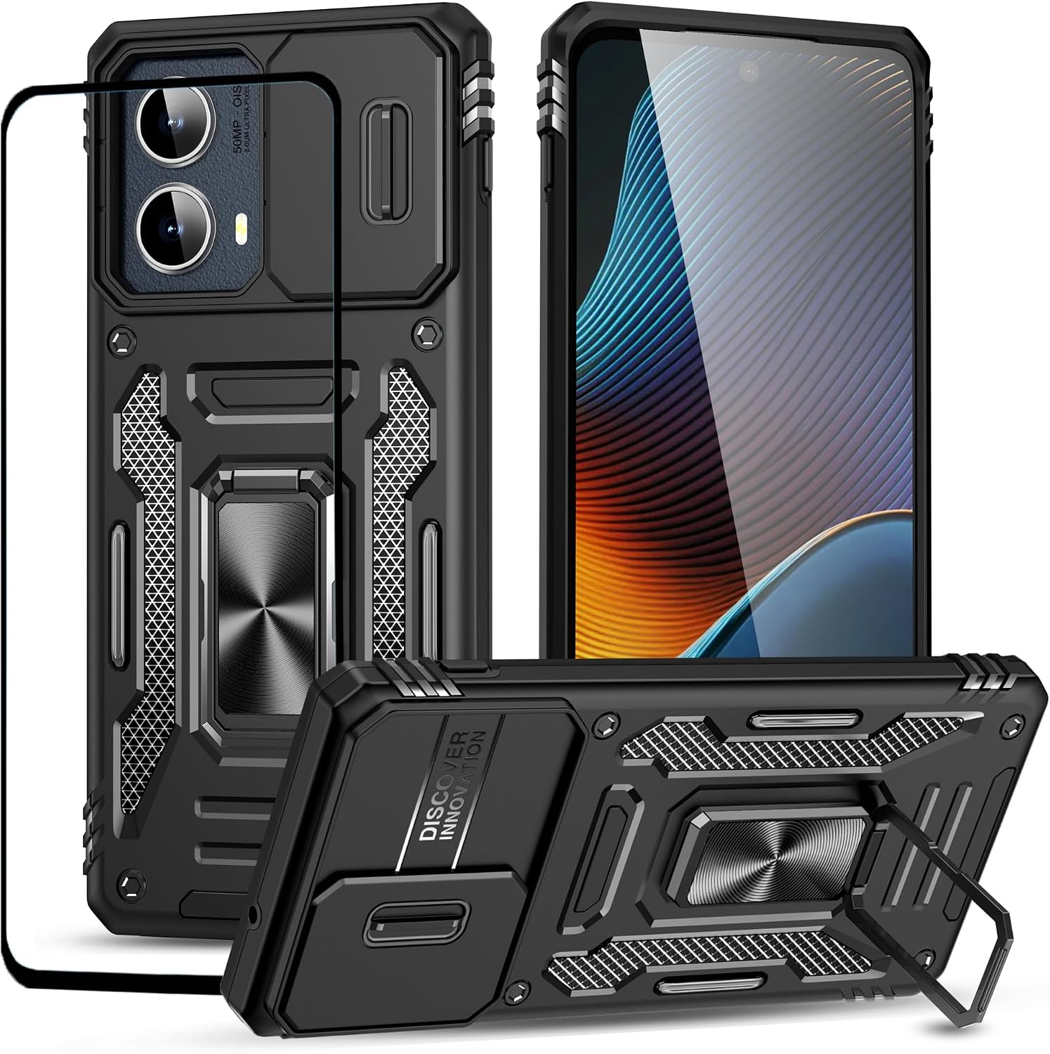 for Motorola Edge 2024 Case with Screen Protector,Ring Kickstand Heavy Duty Protection Dual Layer Shockproof Military Grade Protective Cover Hard Shell Phone Case for Moto Edge 2024 (Black)