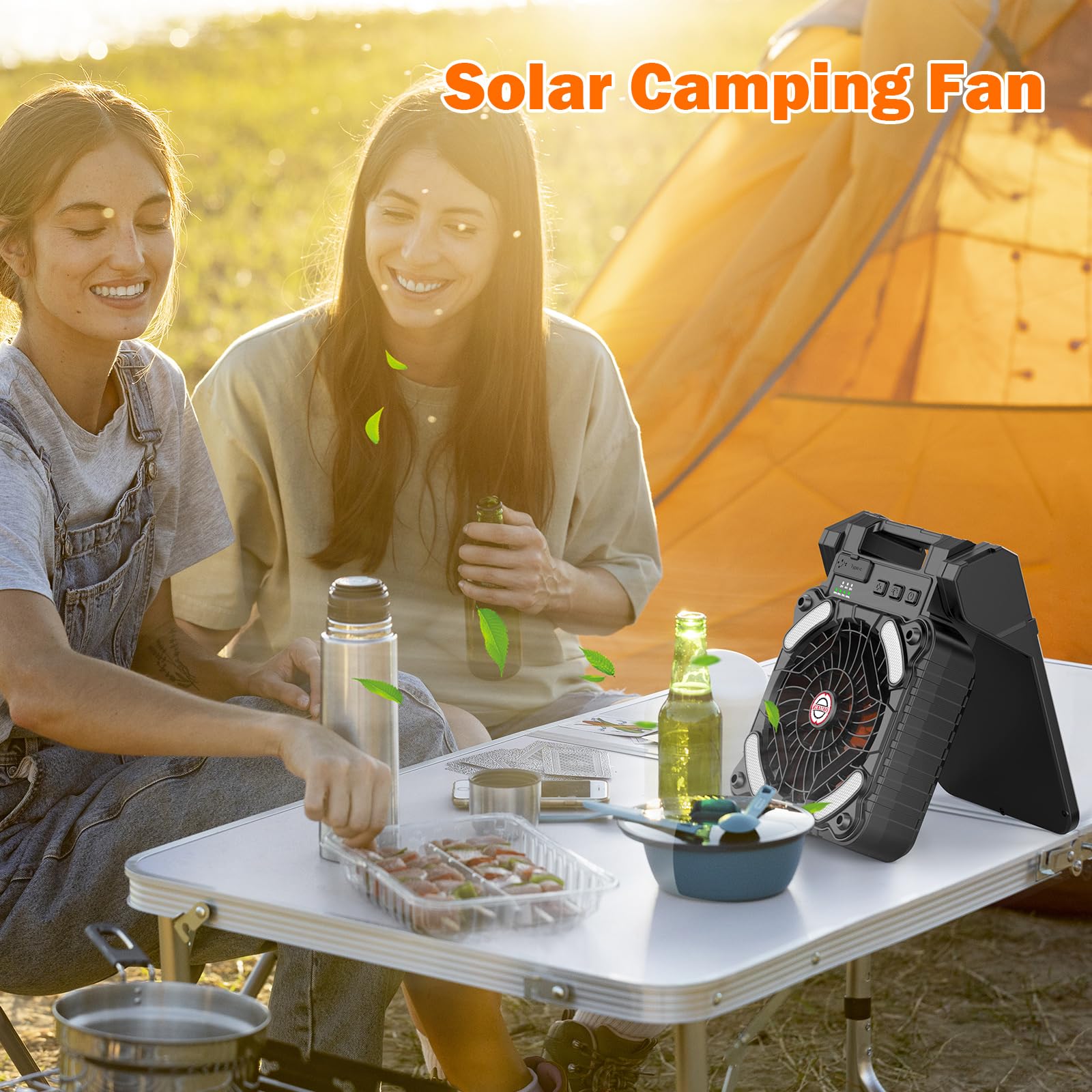 Ventilateur Solaire, Ventilateur de camping avec lanterne, 10400 mAh, batterie rechargeable, portable, chargement de téléphone et ventilateur respectueux de l'environnement, pour camping, pêche, panne