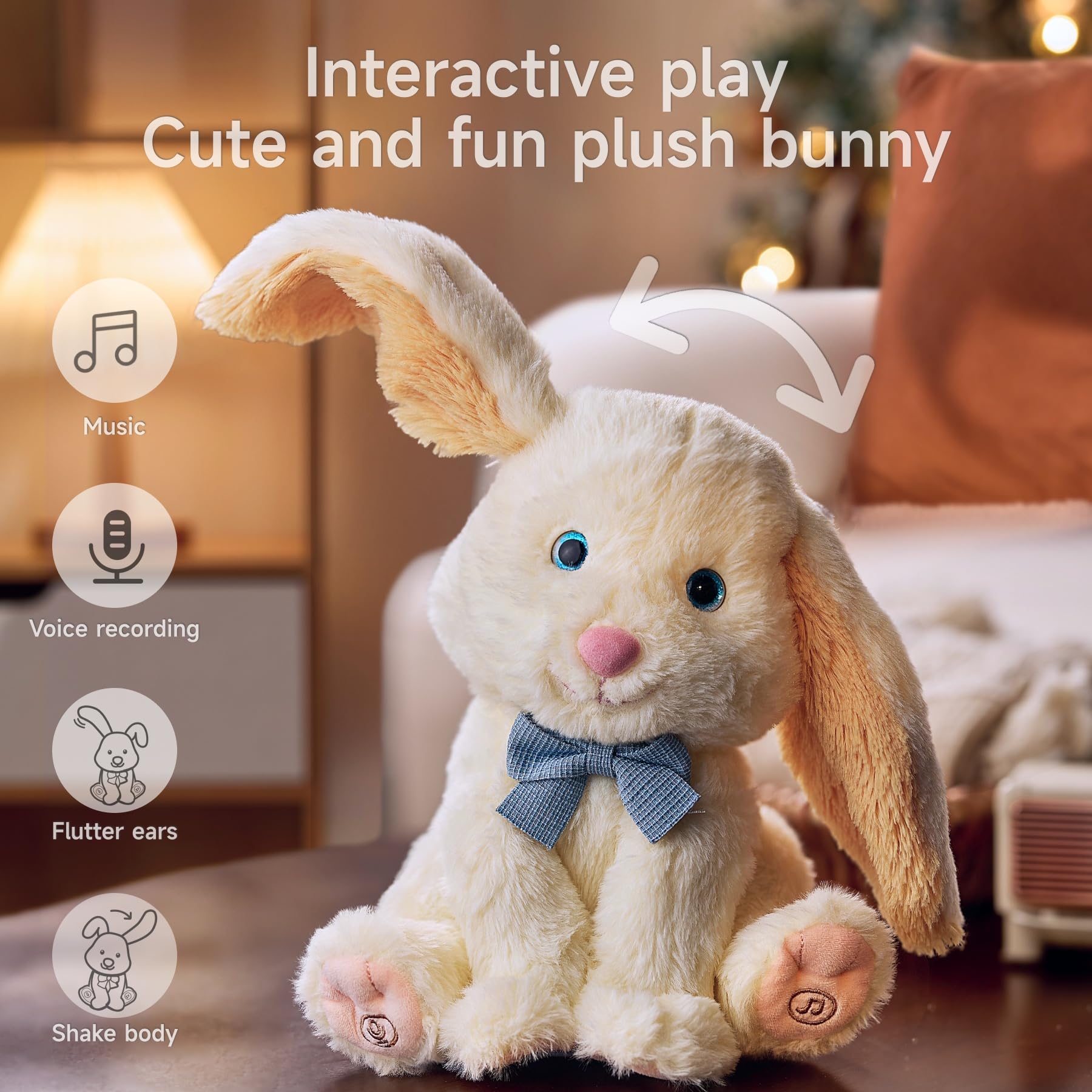 TUMAMA Bunny Stuffed Animal - Musical Stuffed Animal with Moving Ears, Features Singing, Recording, Repeating for Toddlers, Interactive Stuffed Bunny Plush Gift Toys for Boys and Girls - Image 2