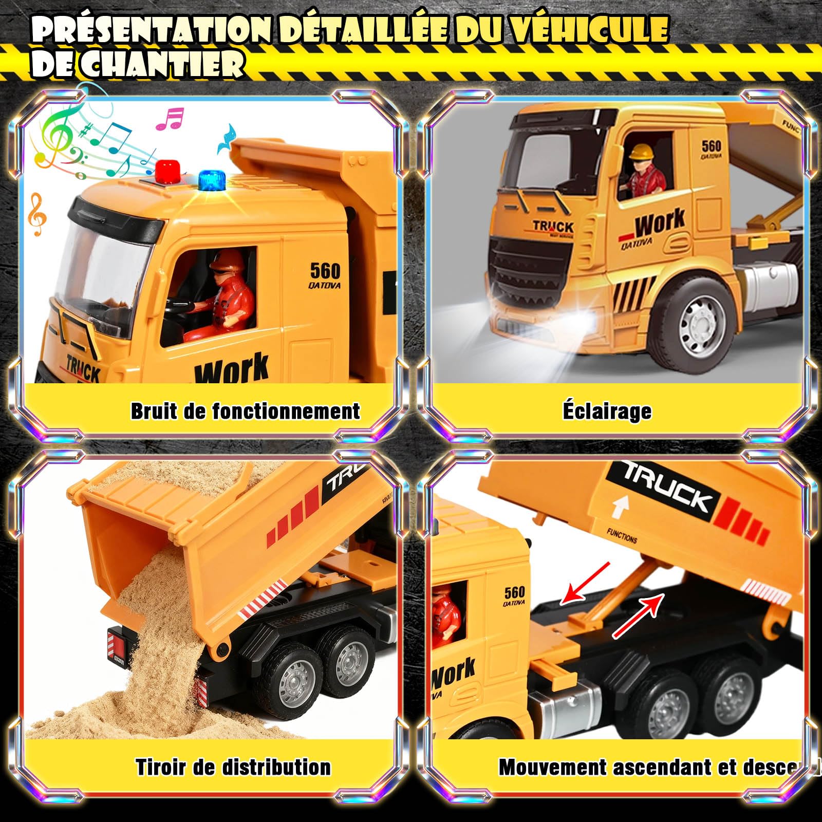 Pelleteuse Télécommandée et Camion-Benne Télécommandé, 2 Véhicules de Chantier 2.4GHz avec Panneaux Routiers, Barrières, Pierres Simulées, Lumières, Sons, Cadeau d'anniversaire pour Enfants de 6 Ans