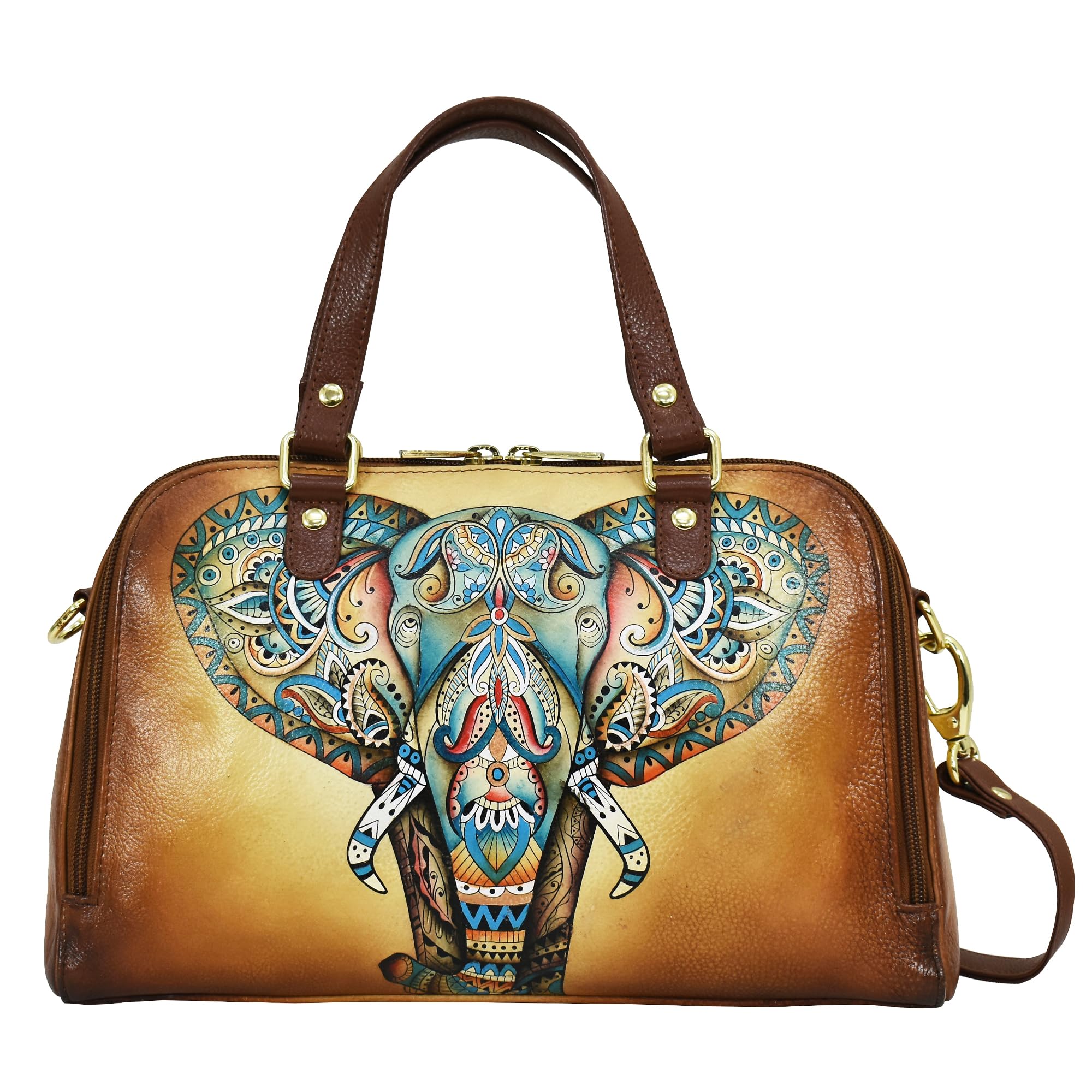 Anuschka Women’s Hand-Painted Genuine Leather RFID Blocking Wide Organizer Satchel - Elephant Mandala