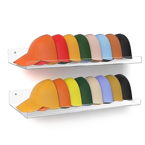 upsimples 2-Pack Acrylic Floating Hat Shelves, Wall-Mounted Hat Holder Fits up to 40 Hats - Hat Organizer for Baseball Cap Storage in Closet, Bedroom, Entryway, and Laundry Room - 2 - 16.8x8.6''