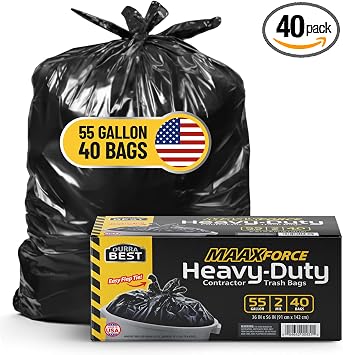 MAAXForce 55 Gallon Contractor Trash Bags with Flap Ties | 2 Mil Heavy-Duty Black Garbage Bags | Leak-Proof & Puncture-Resistant | Made in USA | 36" x 56" Large Construction & Yard Bags 40-Count