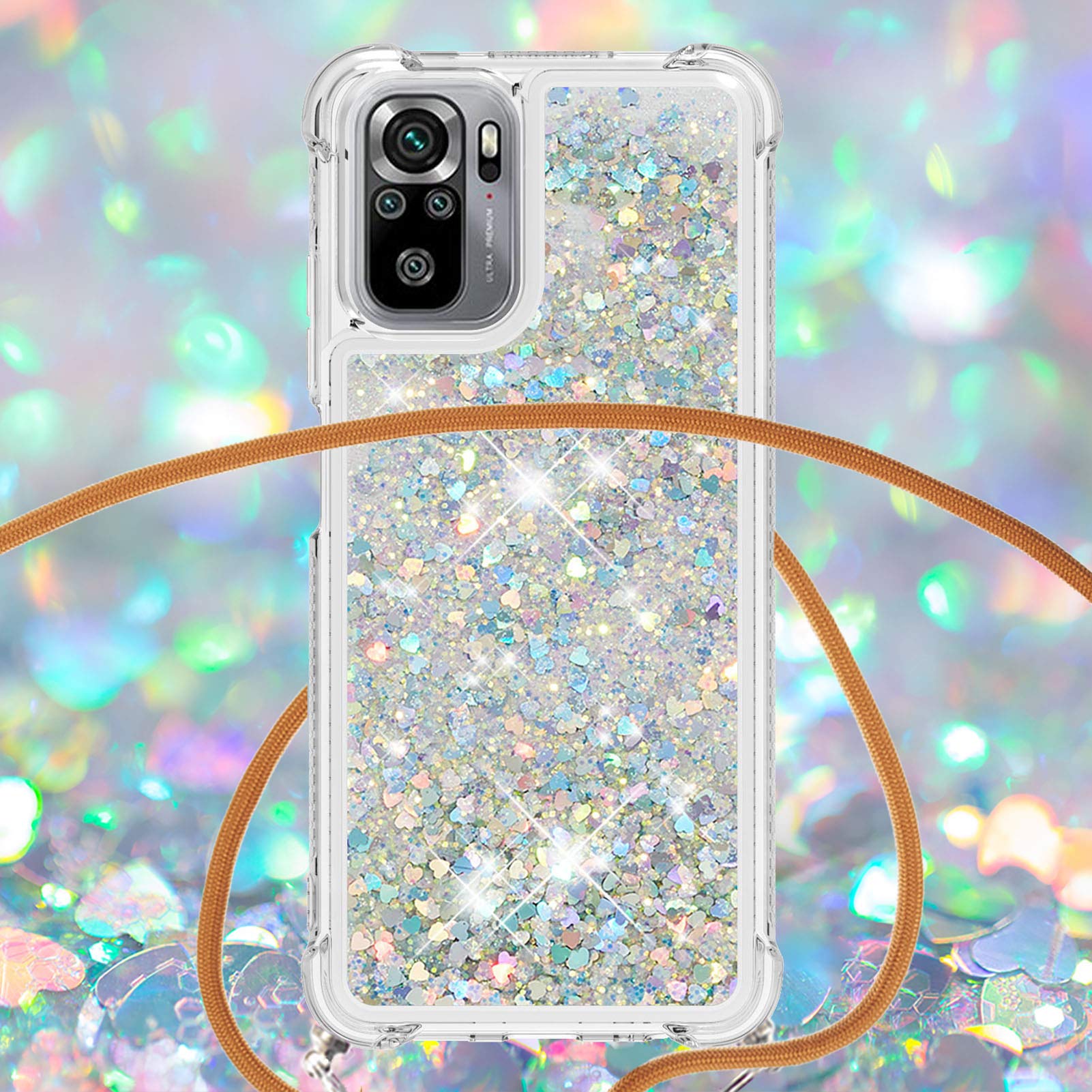 Glitzer-Treibsand Handyhülle Mit Halskette Für Xiaomi Redmi Note 10S/10 4G - TPU Schutzhülle Mit Beweglichem Glitzer & Verstellbarem Band (Pink)