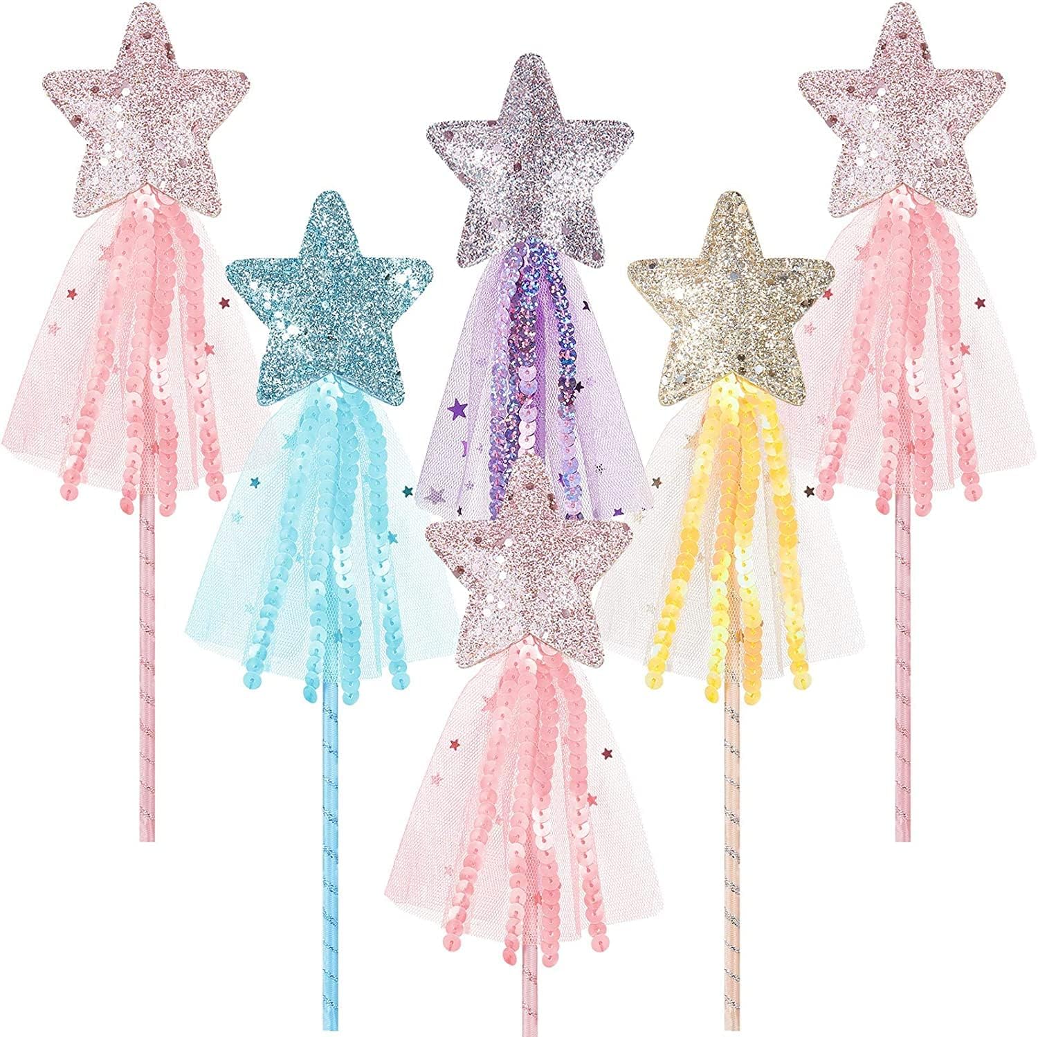 Fairy Wand for Girls Princess Wand Glitter Wand Cute Star Wand Performance Fairy Stick for Christmas Costume Prop Cosplay Birthday Party Supply Role Play Favors (Style 1-6PCS)